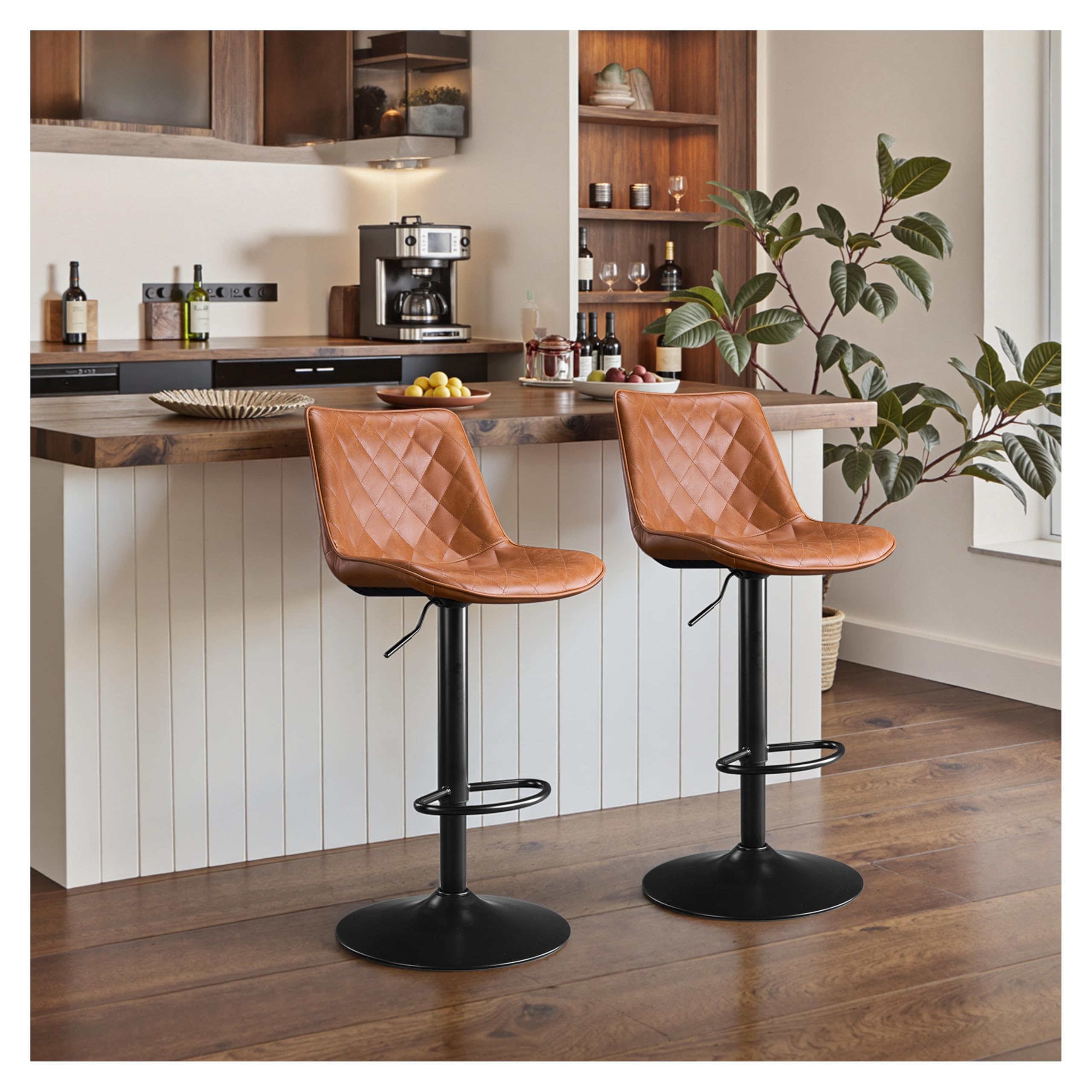 STOOLINK Juego de 2 Taburete Cocina, Taburete Alto Cuero de Microfibra, Taburete de Bar con Respaldo, Taburete Bar Regulables en Altura, Sillas de Bar con Reposapiés-Whisky Marrón
