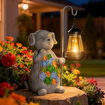 Solar Dog Garden Statue with Lantern Waterproof Resin Outdoor Decor for Yard, Lawn, Flower Bed, Backyard, Front Yard, Patio, Balcony Gift for Dog Lovers
