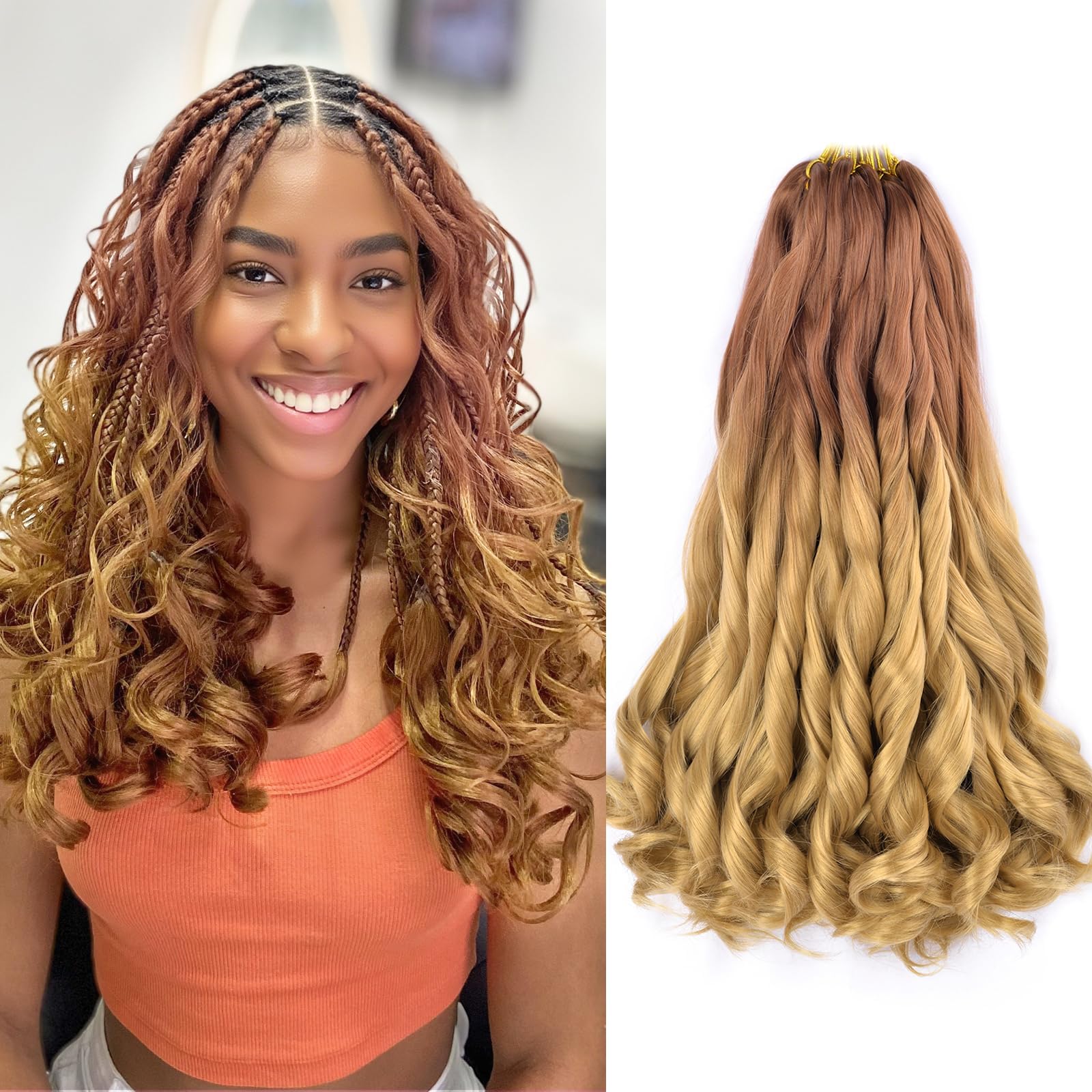 French Curly Braiding Hair 16 Inch 8 Packs Loose Wavy Bouncy Braiding Hair Extensions with Curly Ends 75g/Pack Synthetic Crochet Hair for Black Women (16 Inch,8 Packs,OT30/27)