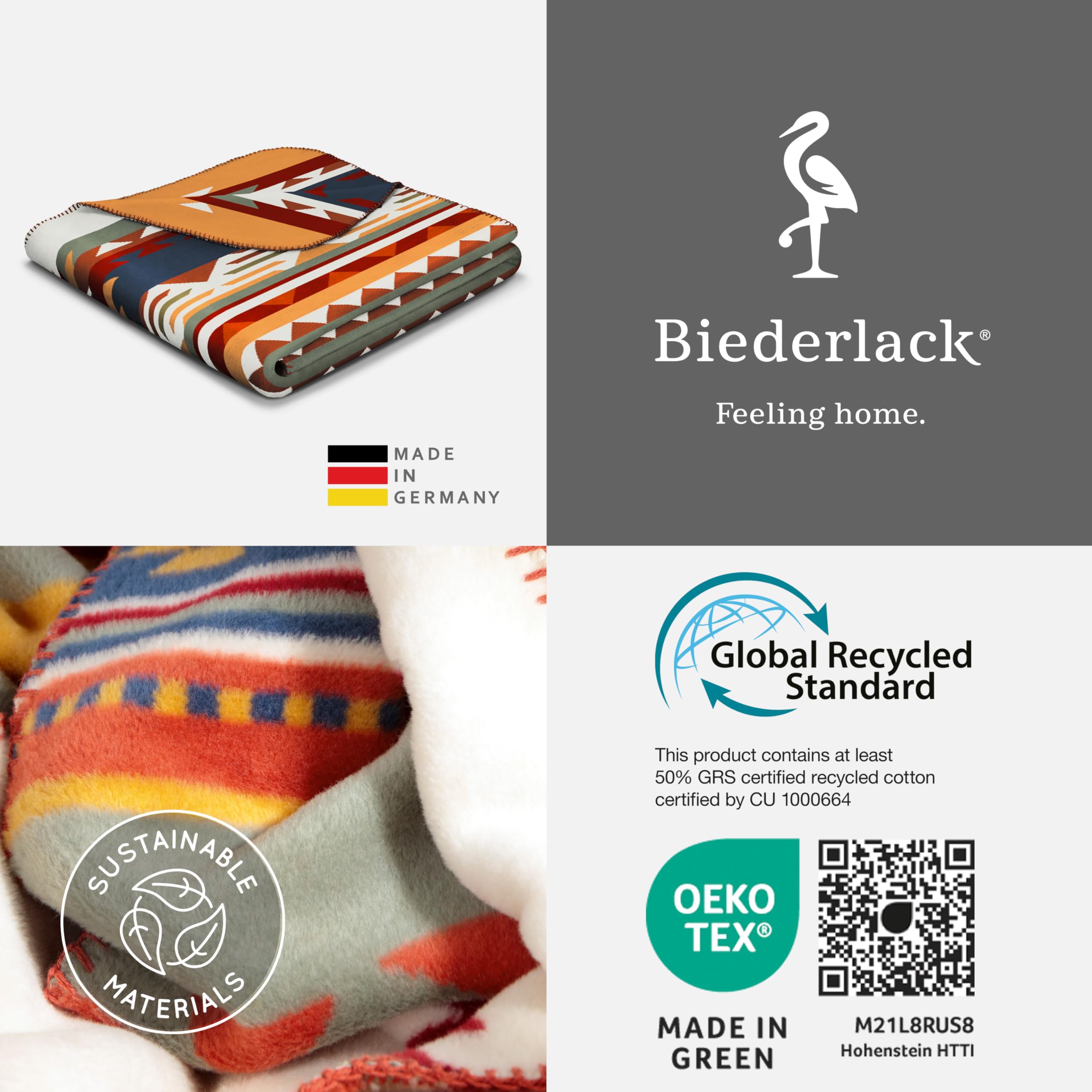 biederlack weiche Kuscheldecke 'Pueblo', Bunte Sofadecke in 150x200 cm | Made in Germany, Ethno Wohndecke in blau-gelb-grün-Natur, Tages-Decke aus Baumwoll-Mischgewebe, OKEO-TEX Made in Green