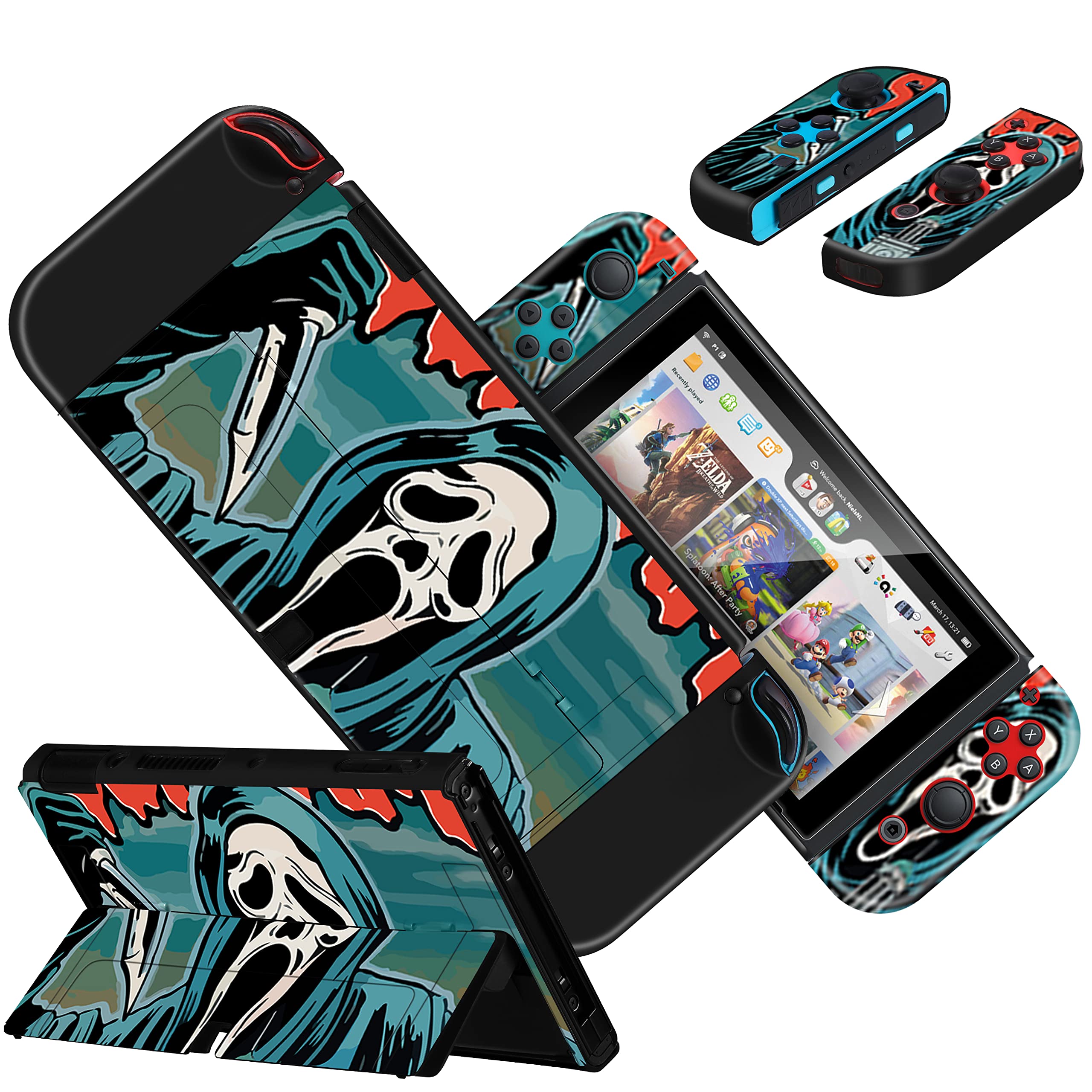 OqplogGhost Case for Nintendo Switch OLED 2021 Cool Design Skeleton Skull Funny Character Fashion Scratch Resistant Cases Hard Shell Cover for Girls Kids Boys Men for Switch OLED,Blue