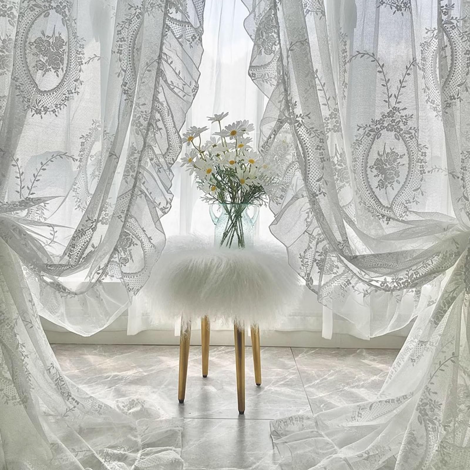 Rideaux en Dentelle Brodée de Fleurs de Style Romantique Français, Long Traitement de Fenêtre Vintage Shabby Chic avec Bord à Volants Festonnés, pour Balcon de Jardin, 1 Panneau