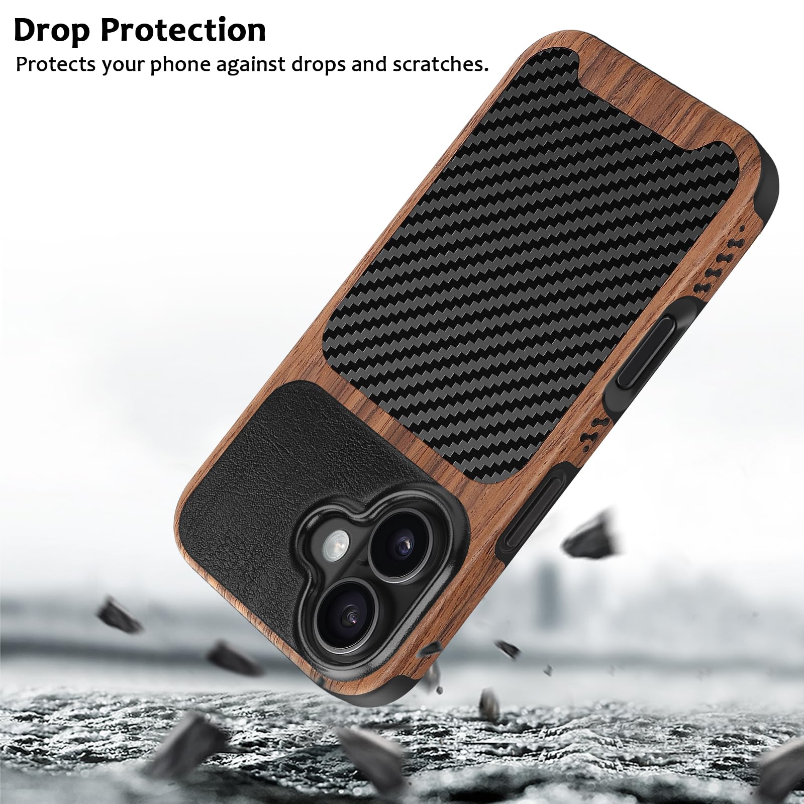 Cover Magnetica per iPhone 16 Compatibile con Magnetica, Custodia in Legno con Carbonio e Pelle Design Protezione Antiurto Cover Compatibile con iPhone 16 (Nero)