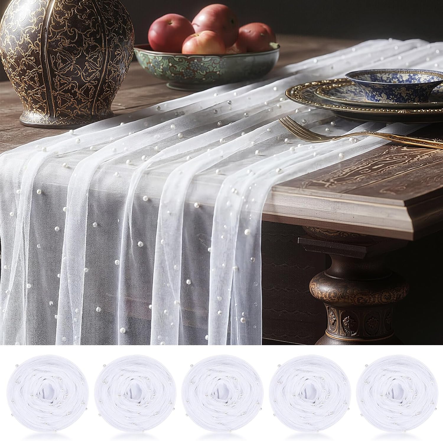 10 Pcs Pearl Gauze Table Runner 120 Inch 10ft Pearl Sheer Tulle Table Cloth Centerpieces for Home Wedding Bridal Valentine Birthday Baby Shower Party Holiday Dining Decorations(White)