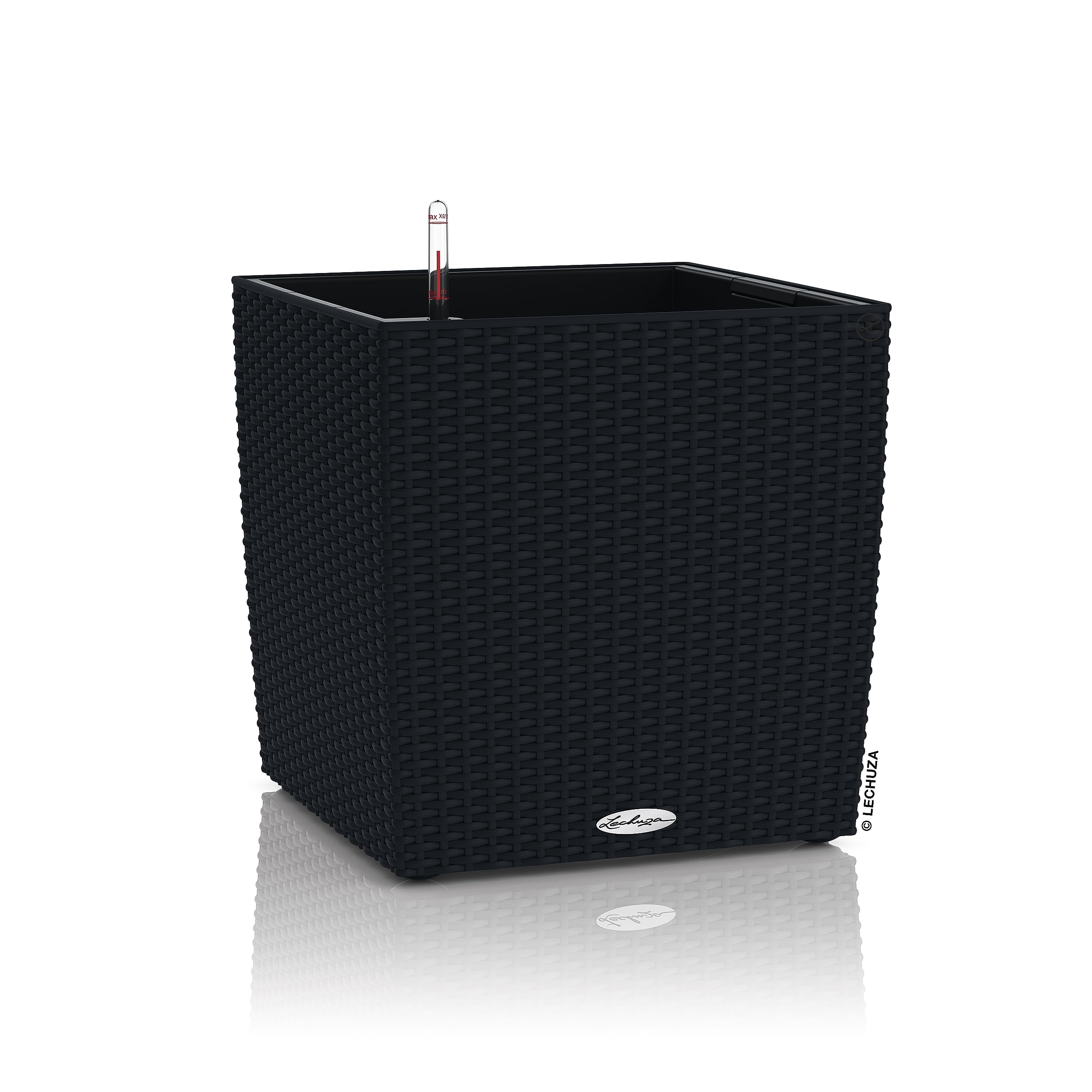 Lechuza CUBE Cottage 40 Self Watering Planter Rattan Look Plastic Indoor and Outdoor Plant Pot with Drainage Hole H40 L40 W40 cm Graphite Black