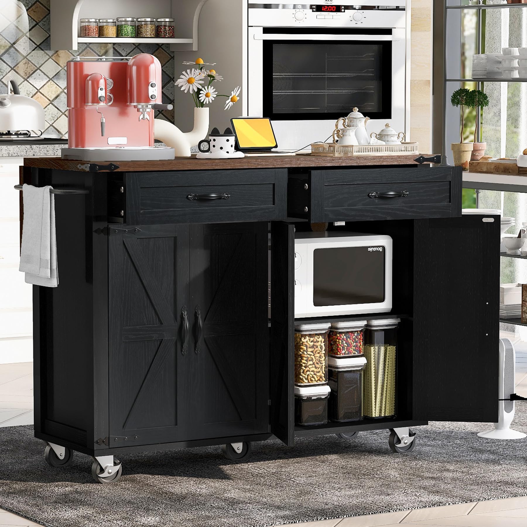 Portable Kitchen Island Cart with Drop Leaf, Power Outlet, Rolling Farmhouse Kitchen Carts on Wheels with Storage Drawers, Spice Rack, Towel Holder, 4 Doors&Adjustable Shelves (Black-1)