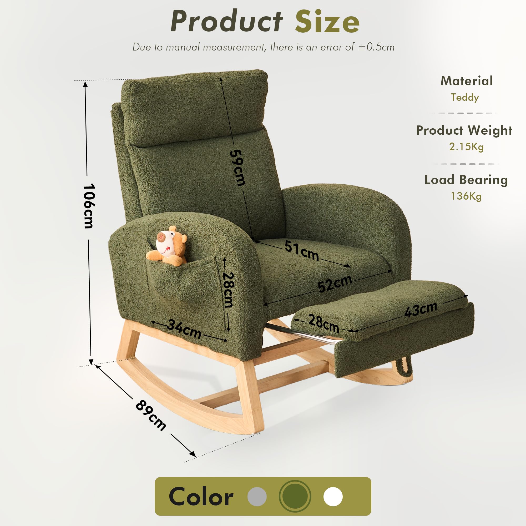 Sedia a dondolo con poggiapiedi e poggiatesta, sedia ergonomica per allattamento con seduta extra larga e grande tasca laterale per soggiorno e cameretta dei bambini