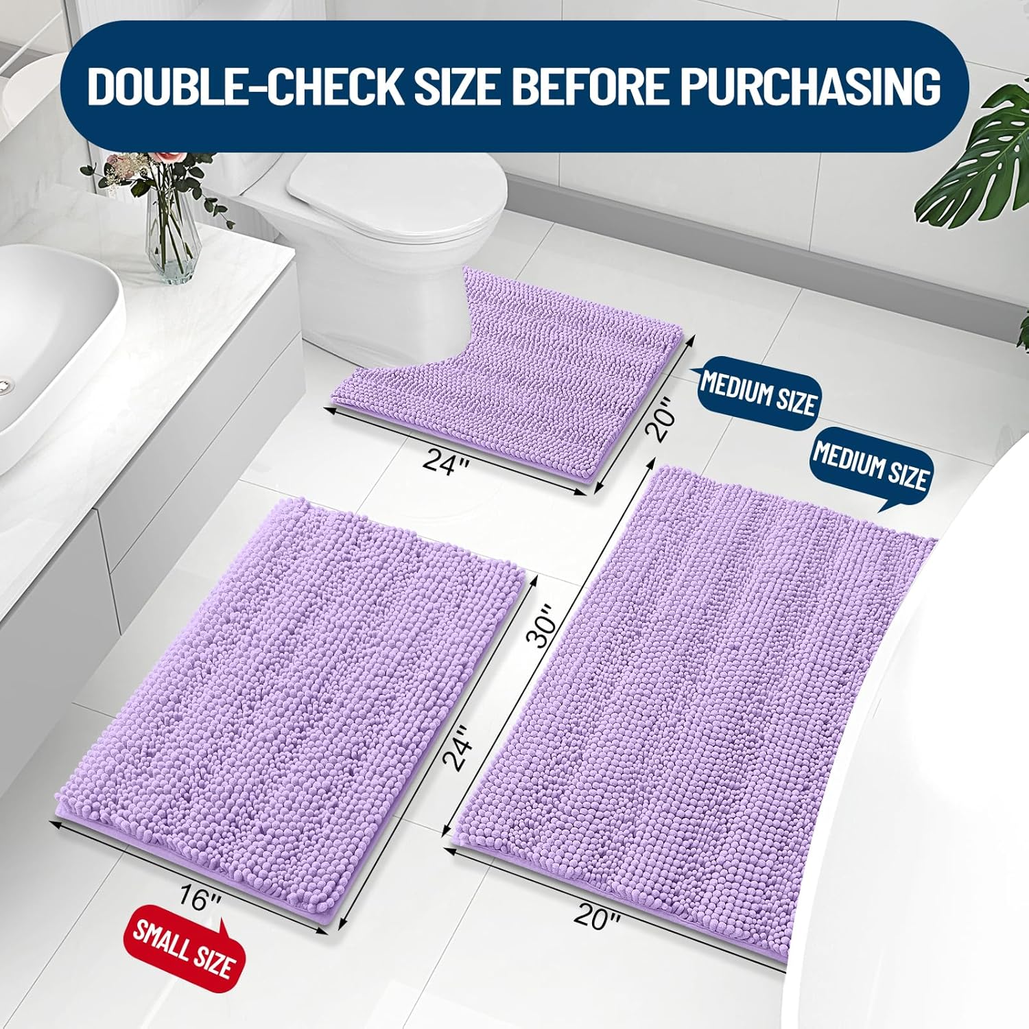 grandaily chenille striped bathroom rugs 47x24, extra thick and absorbent bath mats, non-slip soft plush shaggy shower carpet, machine wash dry, bath rug for bathroom, purple 47" x 24" purple