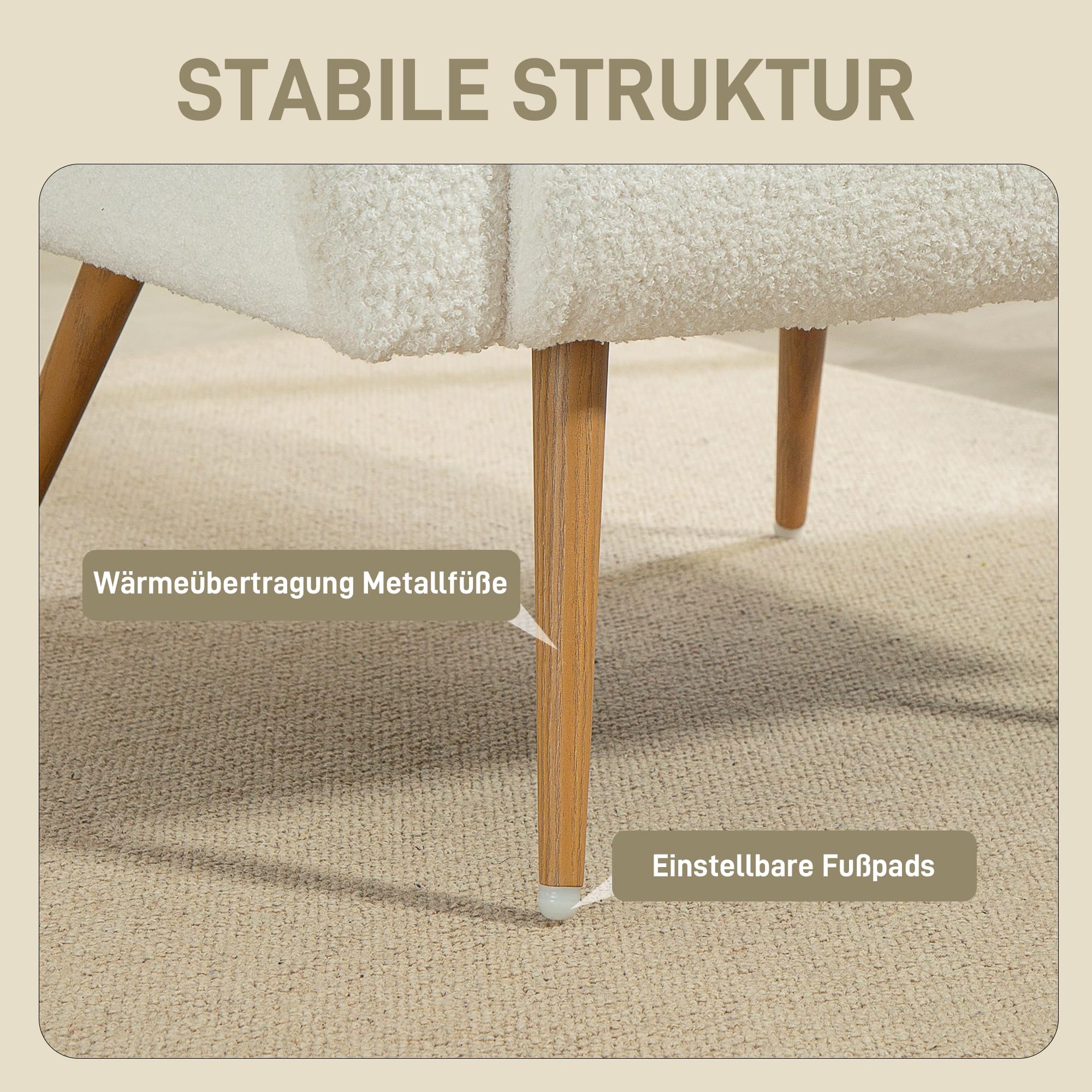 HOMCOM Sessel gepolsterter Loungesessel mit Armlehnen, Lendenkissen, Lesesessel Relaxsessel mit Metallbeine, Teddyfleece-Optik, Polstersessel für Schlafzimmer Wohnzimmer Cremeweiß