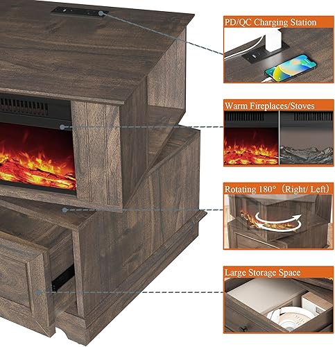 Miniatura 3 de Mesa auxiliar giratoria con pantallas de chimenea eléctrica de 13 pulgadas, mesa auxiliar con estación de carga rápida, mesa auxiliar de chimenea de