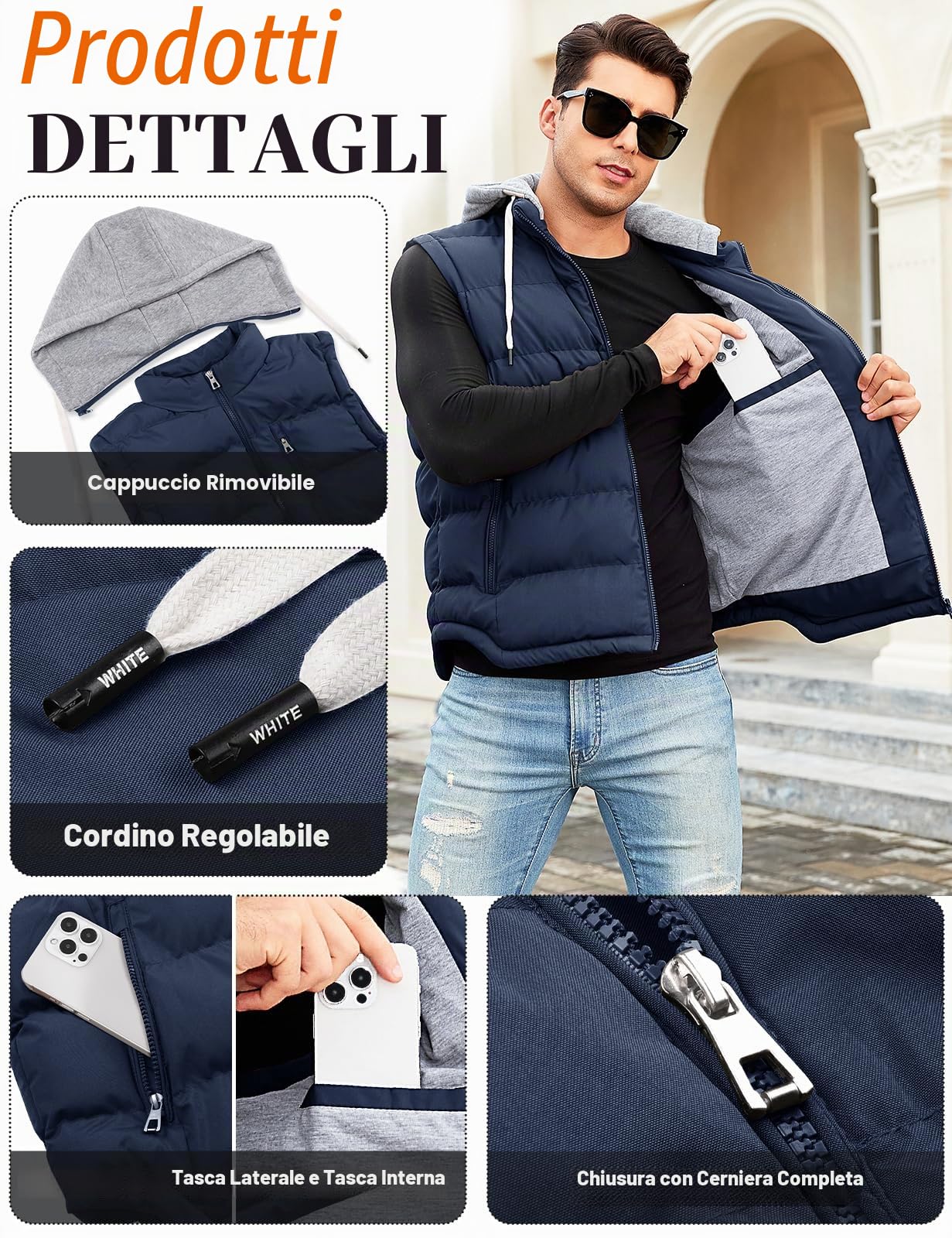 CMTOP Gilet Uomo Idrorepellente Antivento Smanicato con Cappuccio, Imbottito Trapuntato Caldo Giubbotto Senza Maniche Leggero Casual Comoda Giacca Senza Maniche con Zip e Tasca
