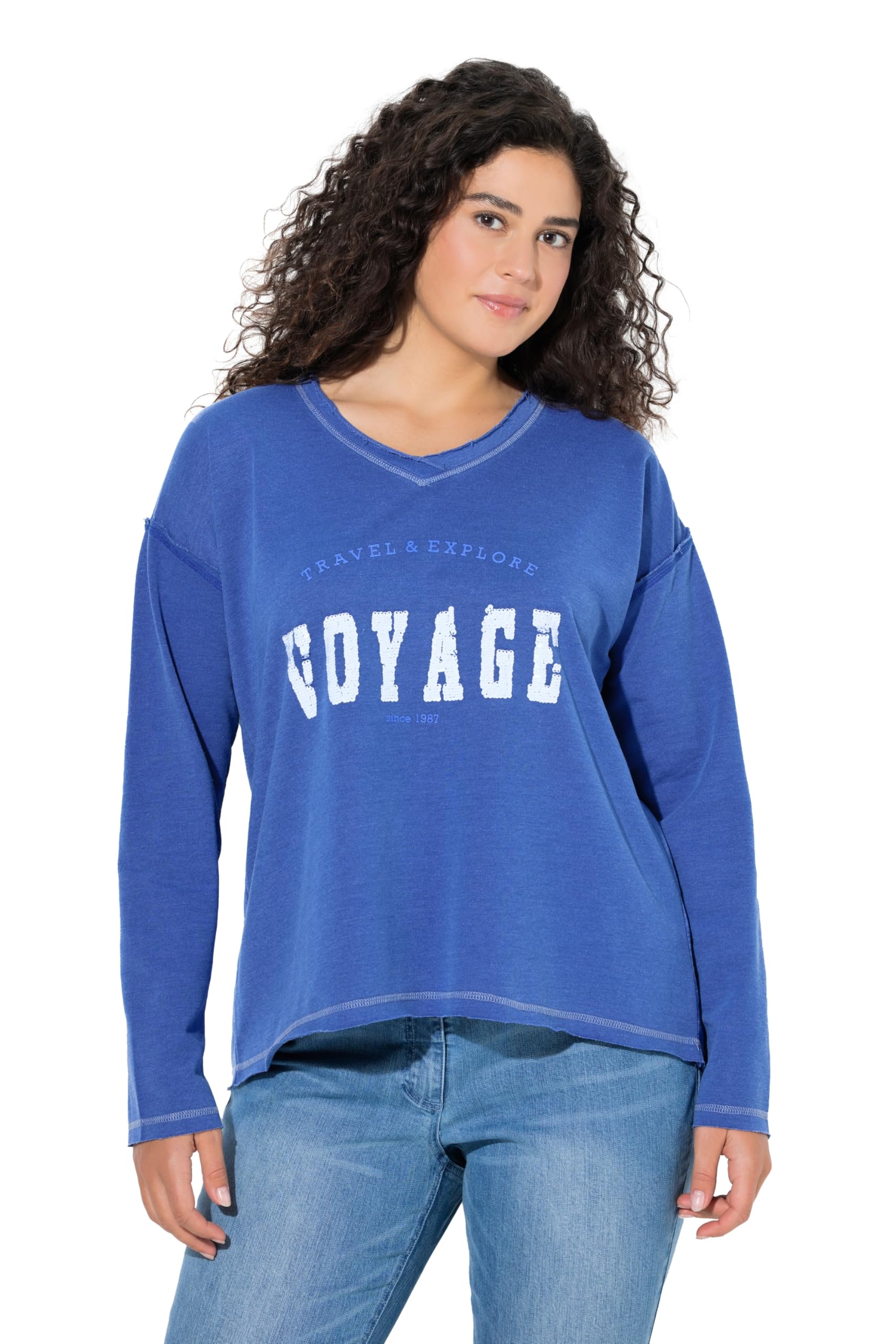 Ulla Popken Damen große Größen Übergrößen Plus Size Sweatshirt, Pailletten, V-Ausschnitt, Langarm, Rollkanten 844772