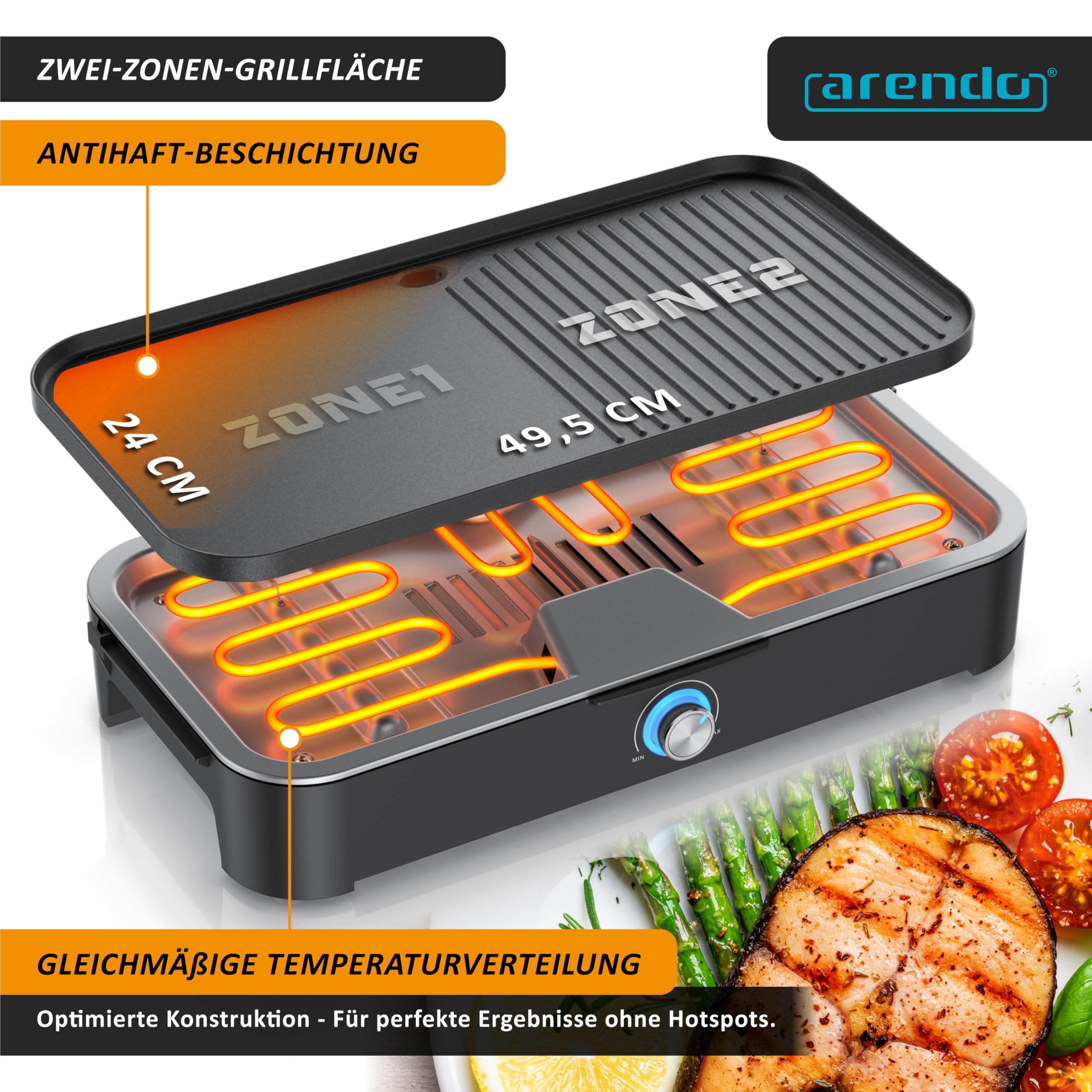 Arendo - Tischgrill Elektrogrill Edelstahl – 2200W Leistung – Gleichmäßige Temperaturverteilung – Geteilte Garflächen – Antihaft-Beschichtung – Standfuß mit Ablage – Spritzschutz – Für Balkon Terrasse