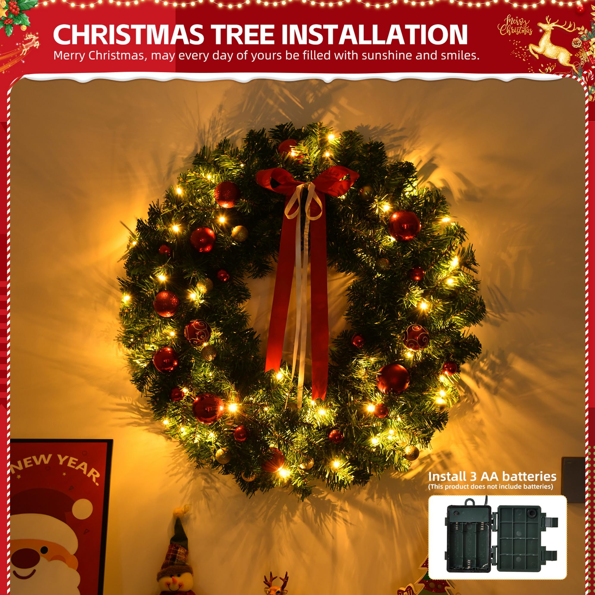 Karl home Couronne de Noël artificielle pré-éclairée alimentée par piles avec 80 lumières chaudes et 270 embouts en PVC et 18 décorations à faire soi-même, pour porte d'entrée, mur, décoration de fête