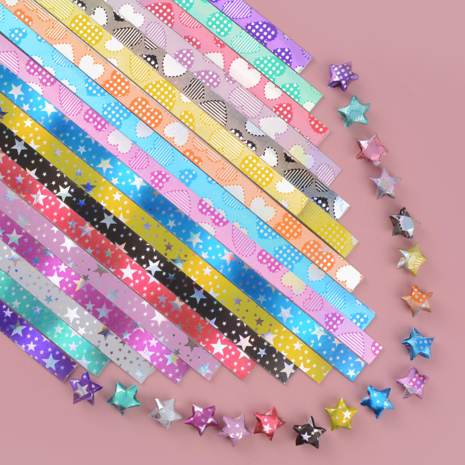 URROMA 540Pcs Heart & Star Pattern Origami Star Paper Strips Glitter Colorful Print Lucky Star Paper Strips for DIY Handcrafts School Teaching - Image 3