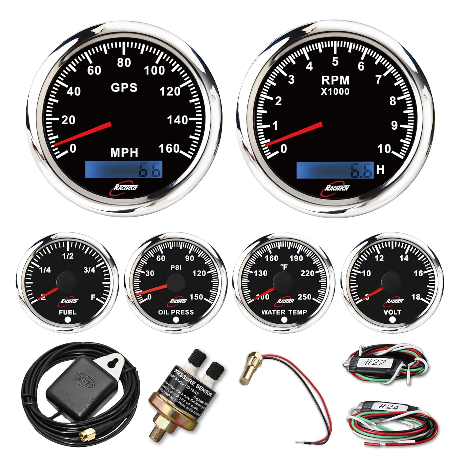 RACETECH 6 Gauge Instrument Set – 85mm Speedometer 160 MPH & Tachometer 10000 RPM – 52mm Fuel Oil Water Temp Volt Gauges – Black Dial 7-Color Filters 12V/24V – for Auto & Marine