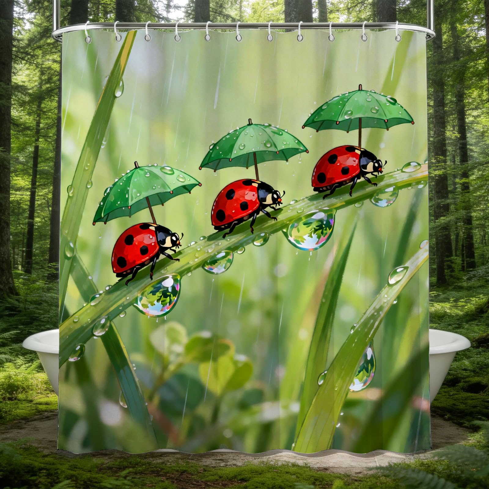 Hongduo White 3D Ladybug Shower Curtain For Stalls Bathtubs Cute Lovely Bathroom Decor Shower Curtain Set Polyester Fabric Waterproof 120X180cm/48X71 Inch With Hooks