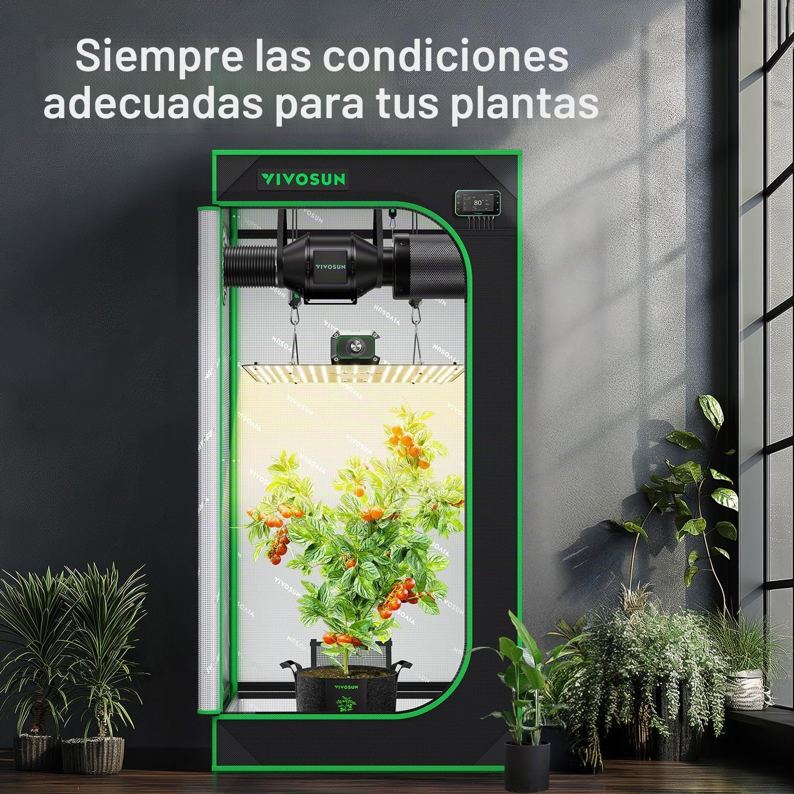 VIVOSUN Sistema de Tienda de Cultivo Inteligente 60x60x120cm, Kit de Tienda Cultivo con WiFi, Ventilación Automática, Luz de Cultivo LED de Espectro Completo de 100W, Controlador GrowHub E42A+