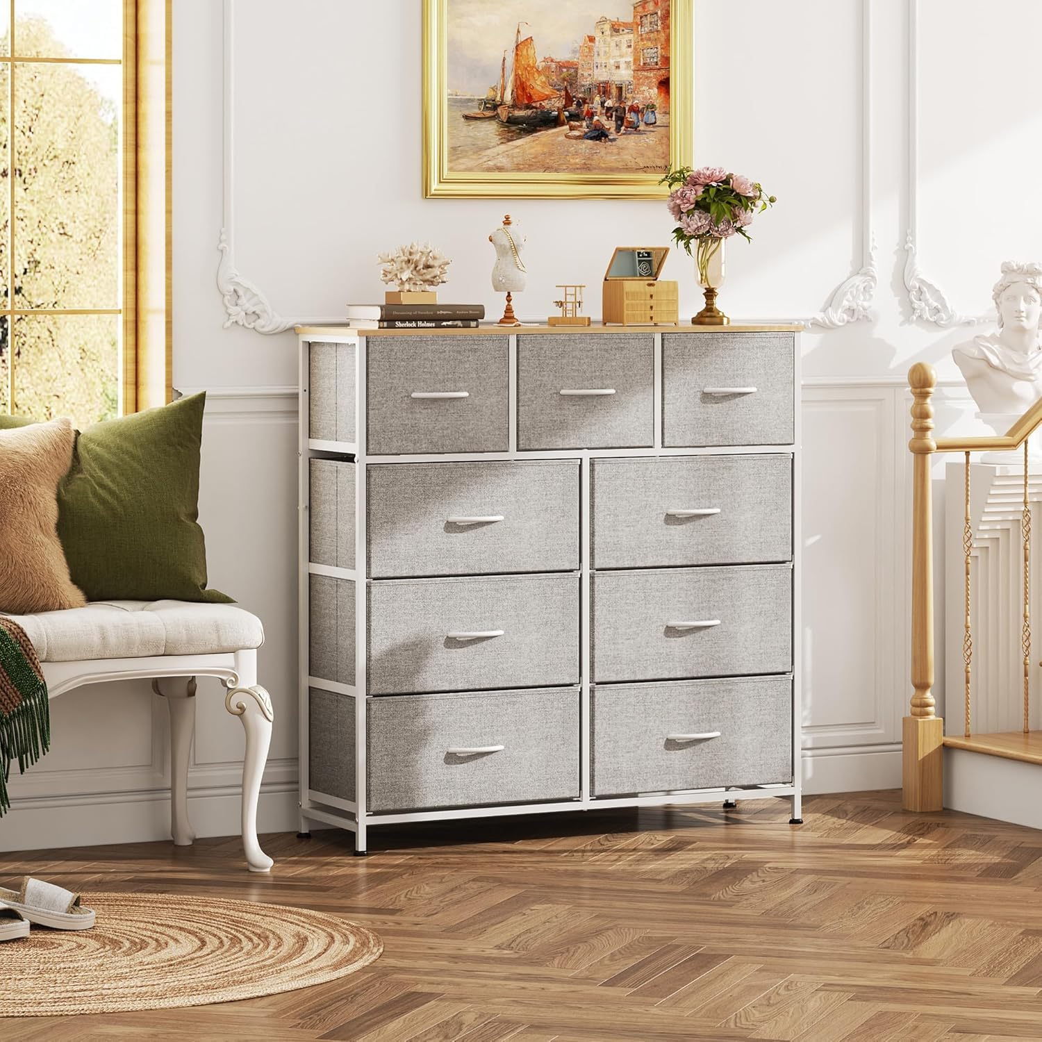 WLIVE Commode Tiroirs, Tour Rangement Tissu pour Chambre, Couloir, Entrée, Placard, Unité Haute Bacs Tissu, Cadre Acier, Plateau Bois (Gris Clair, 9 Tiroirs)