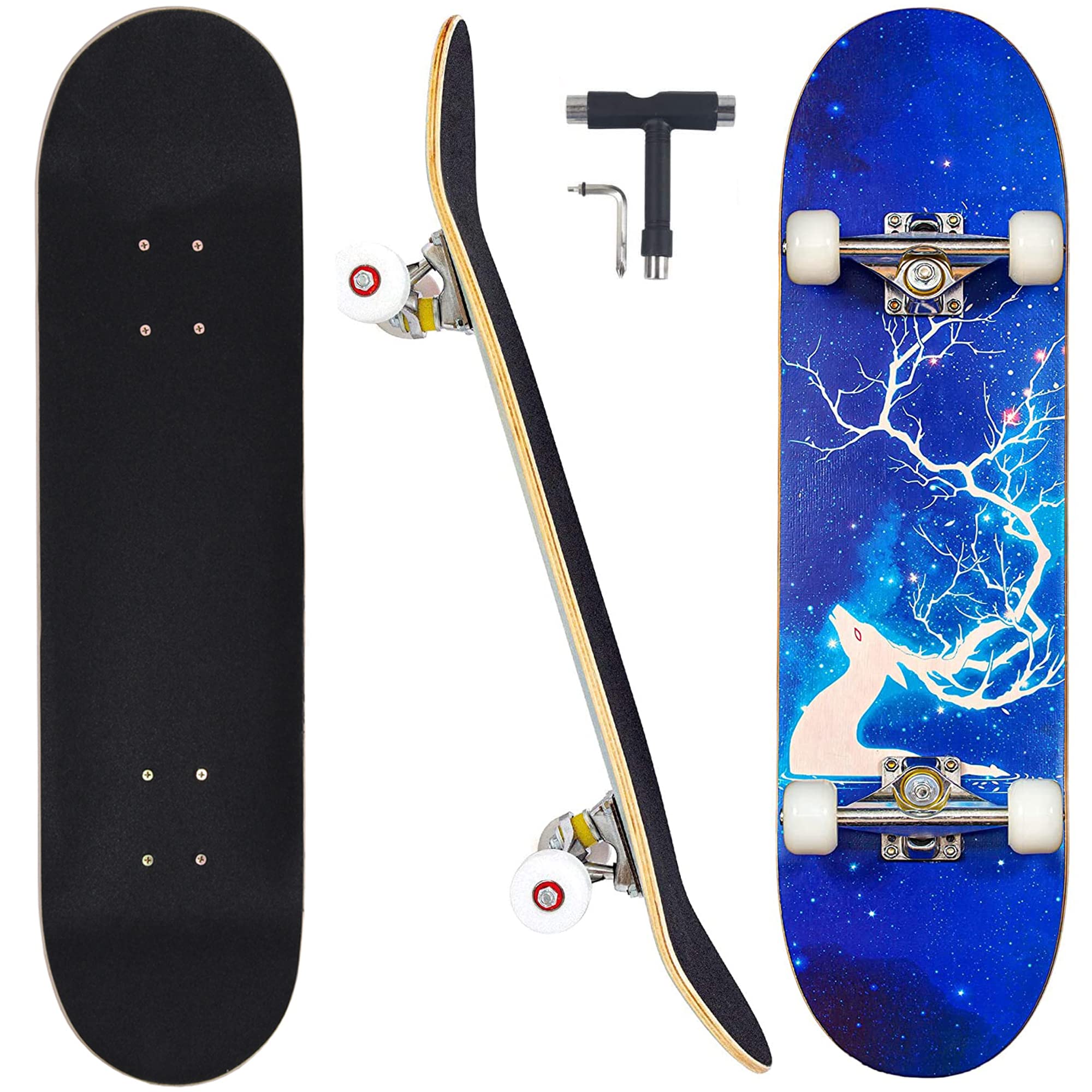 CAPARK Skateboards for Beginners Adults Youths Teens Kids Girls Boys 31 Inch Pro Complete Skate Boards 7 Layer Canadian Maple Double Kick Concave Longboards