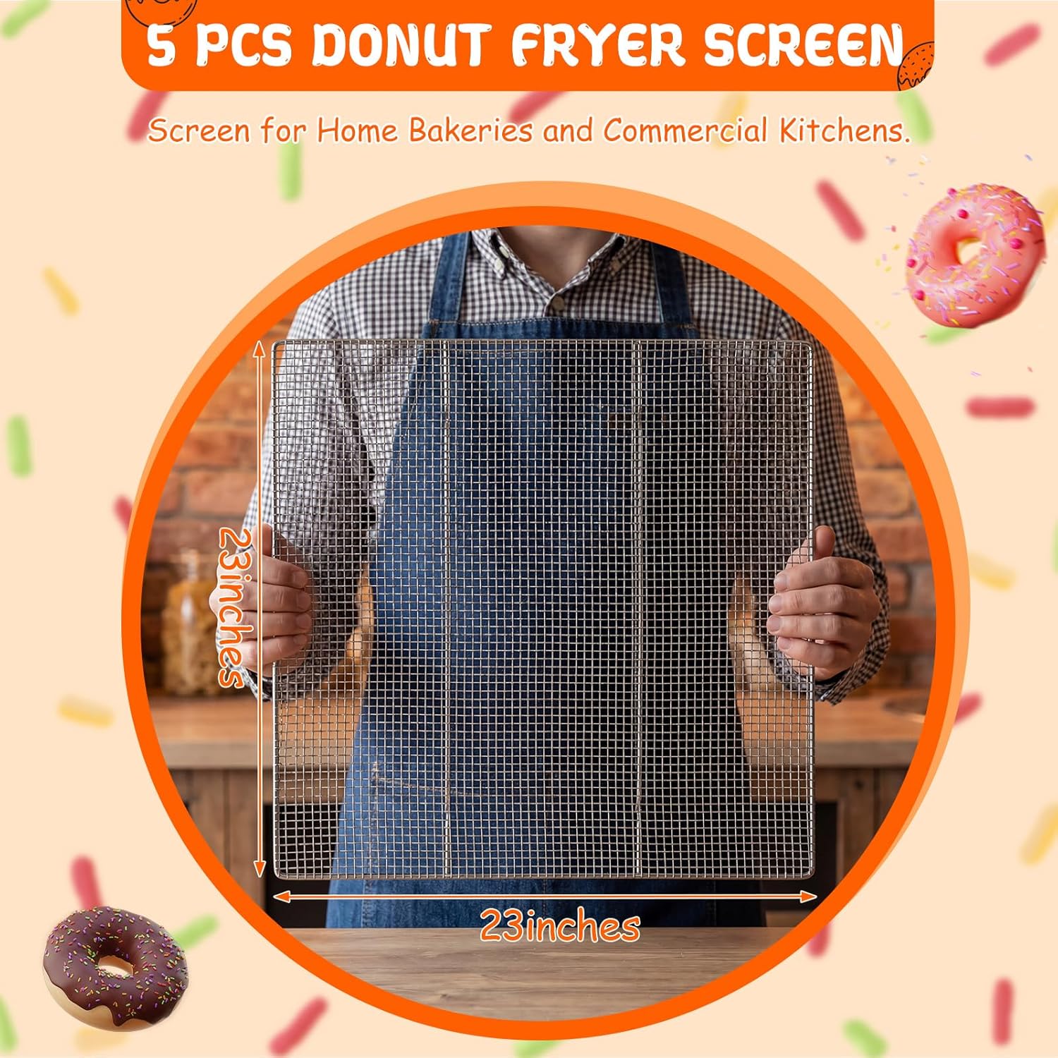 5 Pack 23 x 23 Inch Stainless Steel Bakery Screen, Heavy Duty Wire Cooling Grid for Donuts Bread Pastries, Commercial Baking Tray Insert for Frying Draining Glazing, Oven Safe Mesh Tray