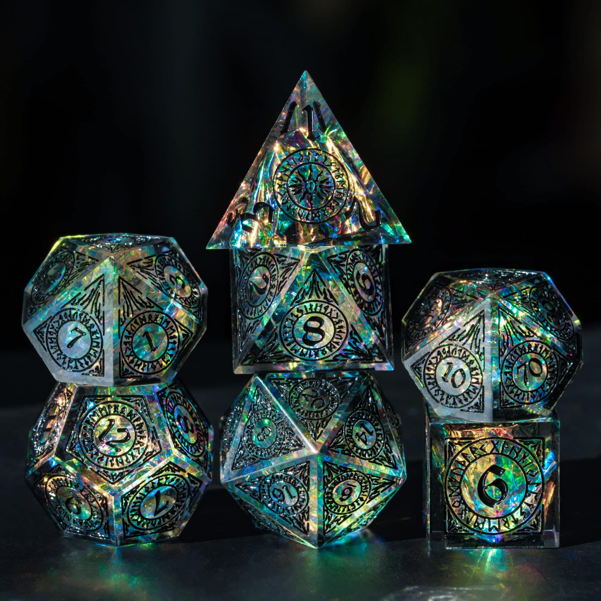 Premium Würfelset (W20 bis W4) - handgefertigte DND-Würfel, polyedrische RPG-Würfel für Dungeons and Dragons (D&D), Pathfinder, Cthulhu, DSA - 7-teiliges Set mit scharfen Kanten & Glitzer-Effekt
