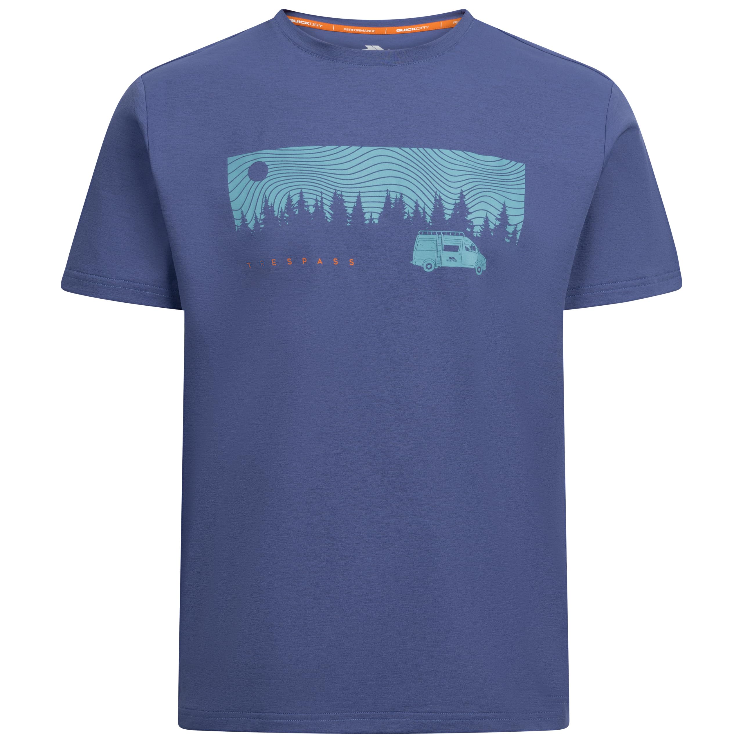 Trespass Men's Coastal Blue Casual T-Shirt Jacub - Short Sleeves, Round Neck, Chest Print, Sideseam Tab, Knitted, 100% Polyester, 150Gsm