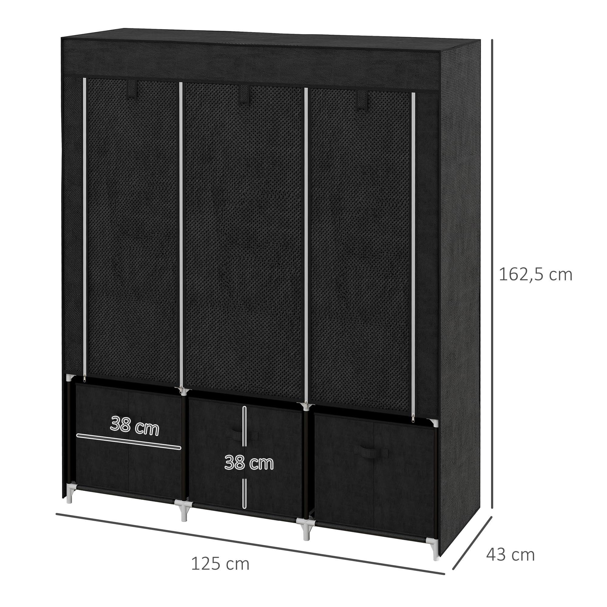 HOMCOM Armario de Tela para Dormitorio 5 estantes 3 cajones de Tela Negro | Portátil, 2 barras colgantes, armario plegable, 125 x 43 x 162.5 cm