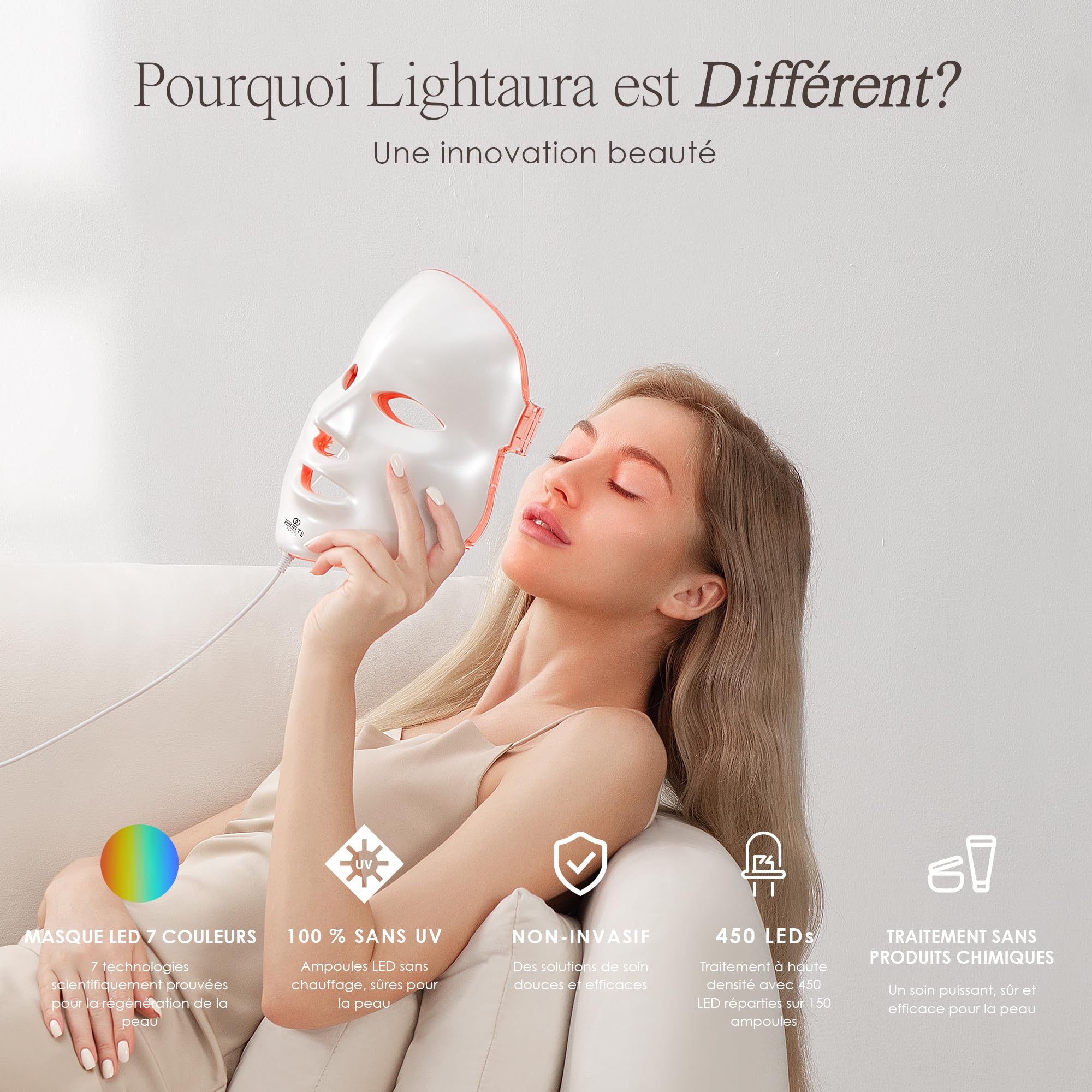 Masque de visage Luminothérapie 7 couleurs par Project E Beauty | Routine de Soins du Visage Anti-âge |Raffermissement de la Peau | Calmer l'Inflammation et la Peau Sensible |