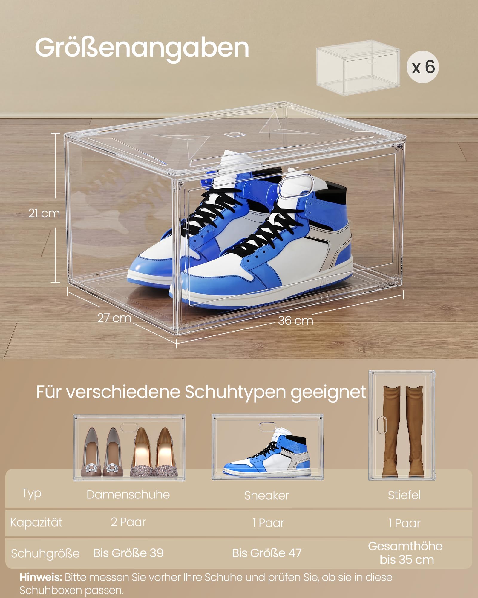 SONGMICS Schuhboxen stapelbar transparent, Schuh-Organizer, Schuhaufbewahrung, für Schuhe bis Größe 47, mit Magnettür, aus Kunststoff, 6er Set LSP706WH01