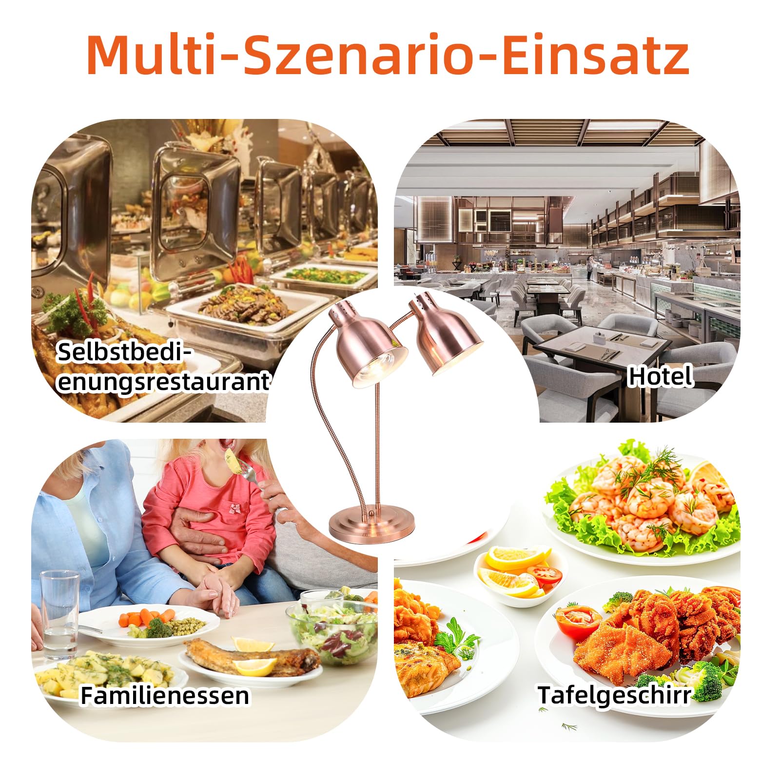 Lampe chauffante de cuisine - 250 W - Lampe infrarouge - Double tête - Autonome - Pour buffets, salle à manger, hôtels, commerciaux, maintien au chaud des aliments (or rose)