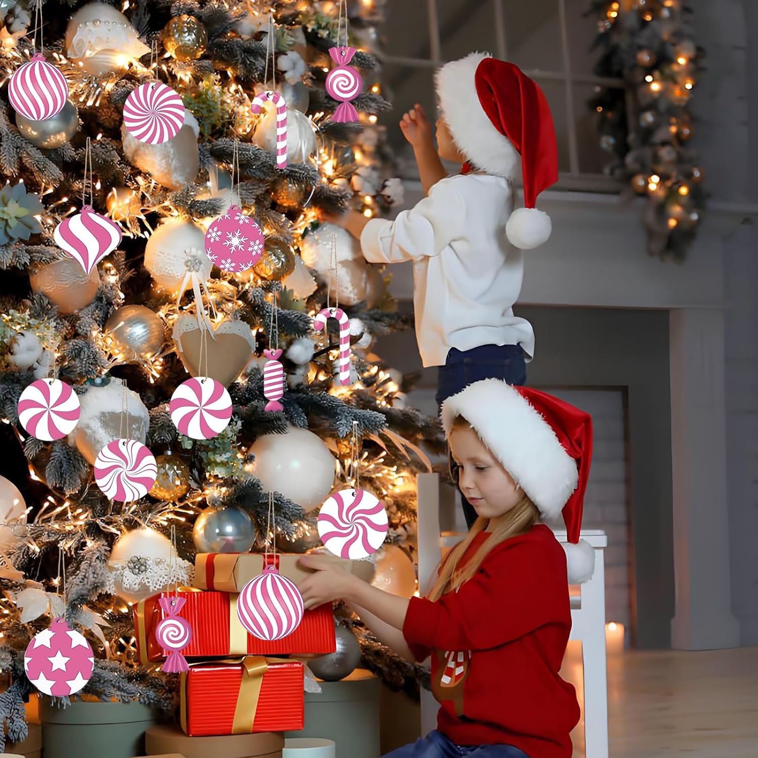 36 Pcs Pink Christmas Tree Ornaments, Xmas Candy Cane Lollipop Santa Claus Ornament Cute Traditional Ornament Christmas Tree Ornaments for Xmas Party Decors - Image 6