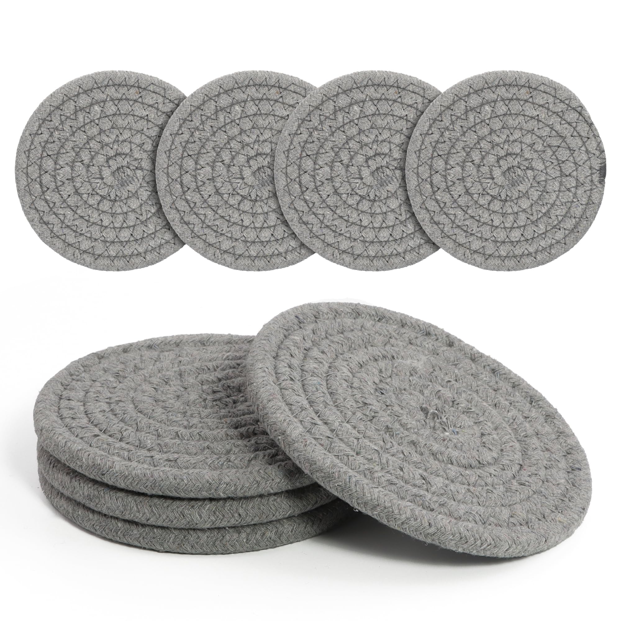 Coasters Set of 4 for Drinks, Cotton Woven 4 Colors Absorbent Boho Coasters for Home Decor Cups - Hot or Cold Drink Thickened (Light Grey)