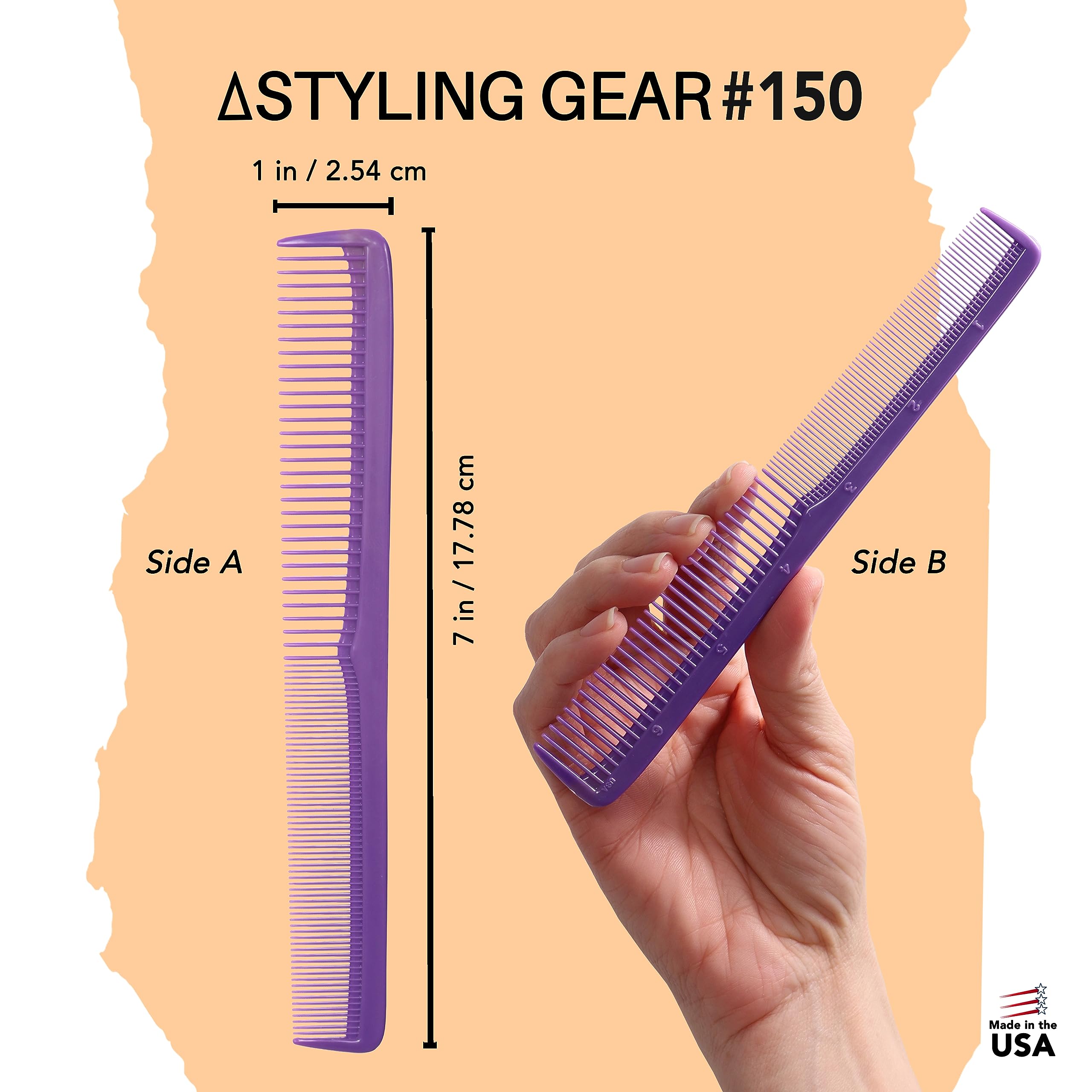 Styling Gear #150 Kamm-Set mit 3 Friseurkämmen, für Herren und Damen, Taschenkämme für Haarstyling, Bart und Schnurrbartpflege, hergestellt in den USA (lila)