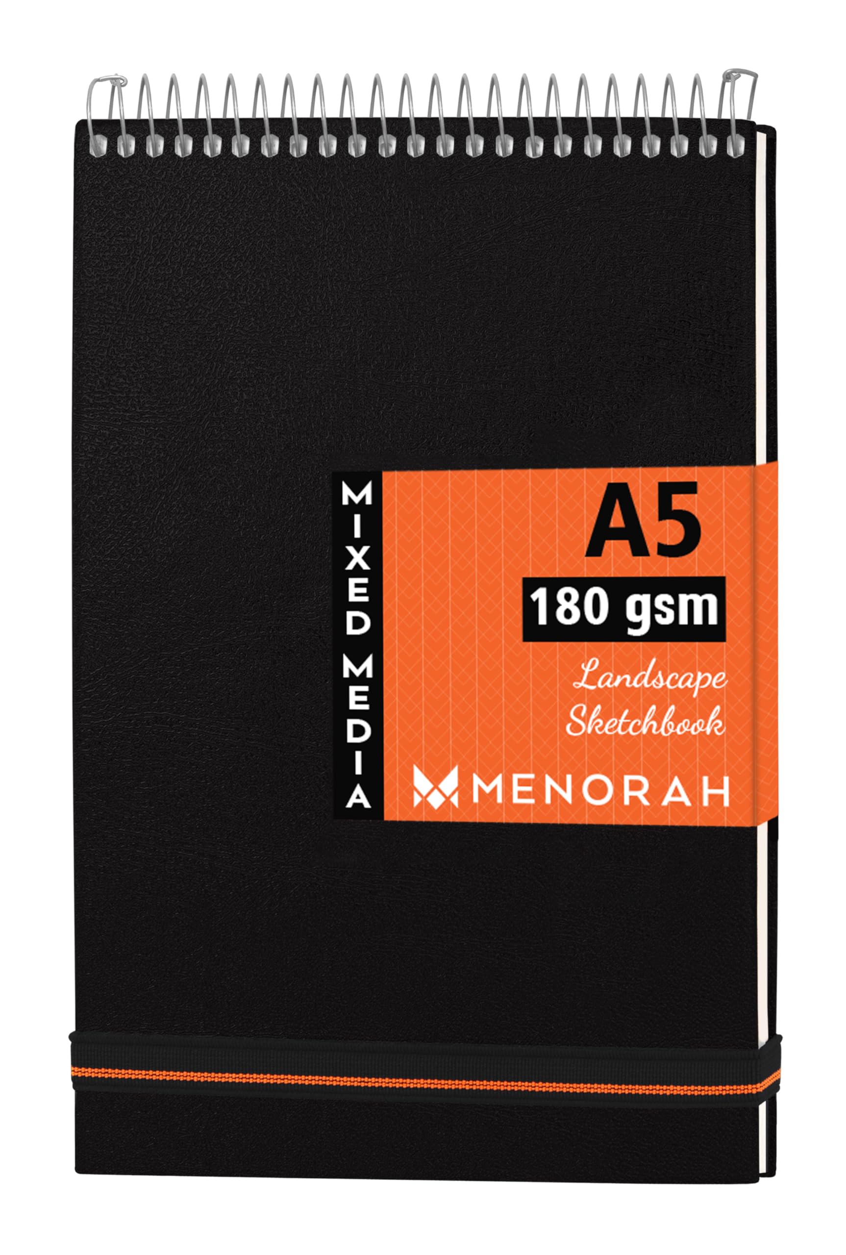 MENORAH Paper A5 - Artist Sketchbook - 180 GSM- Spiral Bound, Sketch Book - 100 Pages/50 Sheets (Size 14.8 Cm X 21.0 Cm) - Solid Silver Metal Spiral - Drawing Book - Landscape(Black, Watercolor)