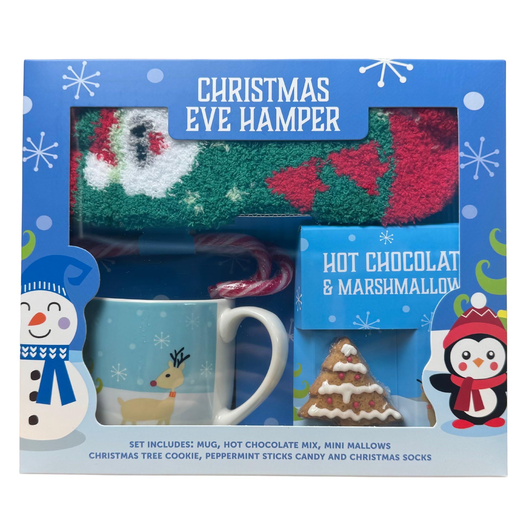 Christmas Eve Hamper Gift Set - Perfect Cosy Night In Kit - Includes Hot Chocolate, Mug, Marshmallows, Christmas Cookie, Peppermint Candycanes & Comfy Santa Socks - Ideal Christmas
