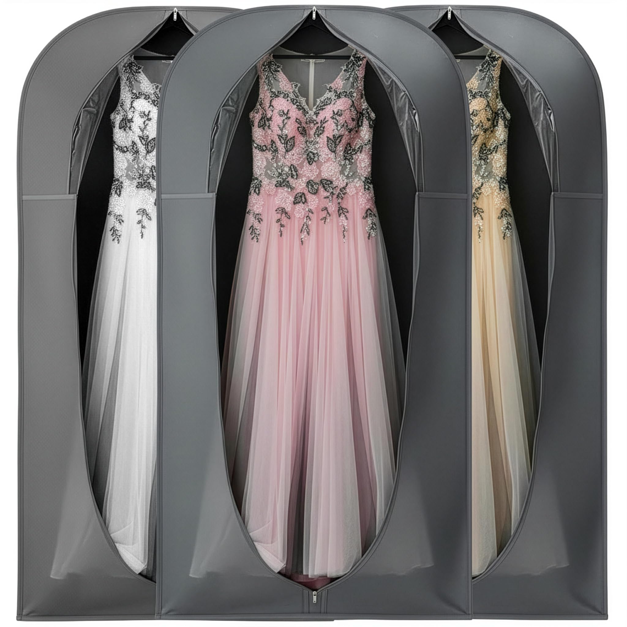 Kimmama Long Garment Bags for Hanging Clothes, Dress Bags for Gowns, Garment Protector Cover for Hanging Wedding Dress, Suit, Dance Costumes, Coat, Brides Maids Dress, Fan-Shaped Skylight, 23.6" x 65"