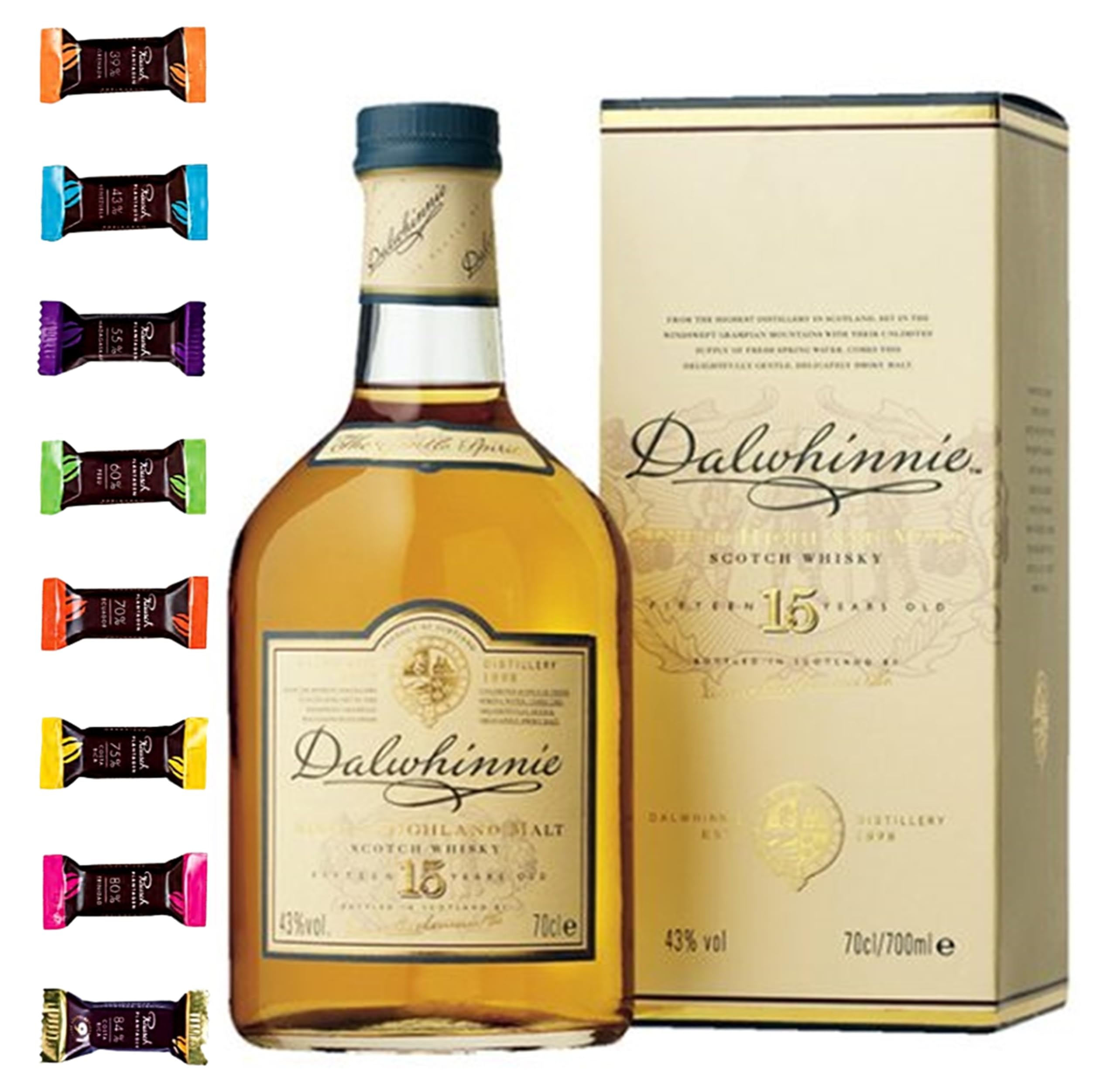 Dalwhinnie 15 Jahre scotch Single Malt Whisky + 8 Edelschokoladen 8 Sorten Genießer Set Männergschenke Whisky mit Schokolade genießen Geschenke idee
