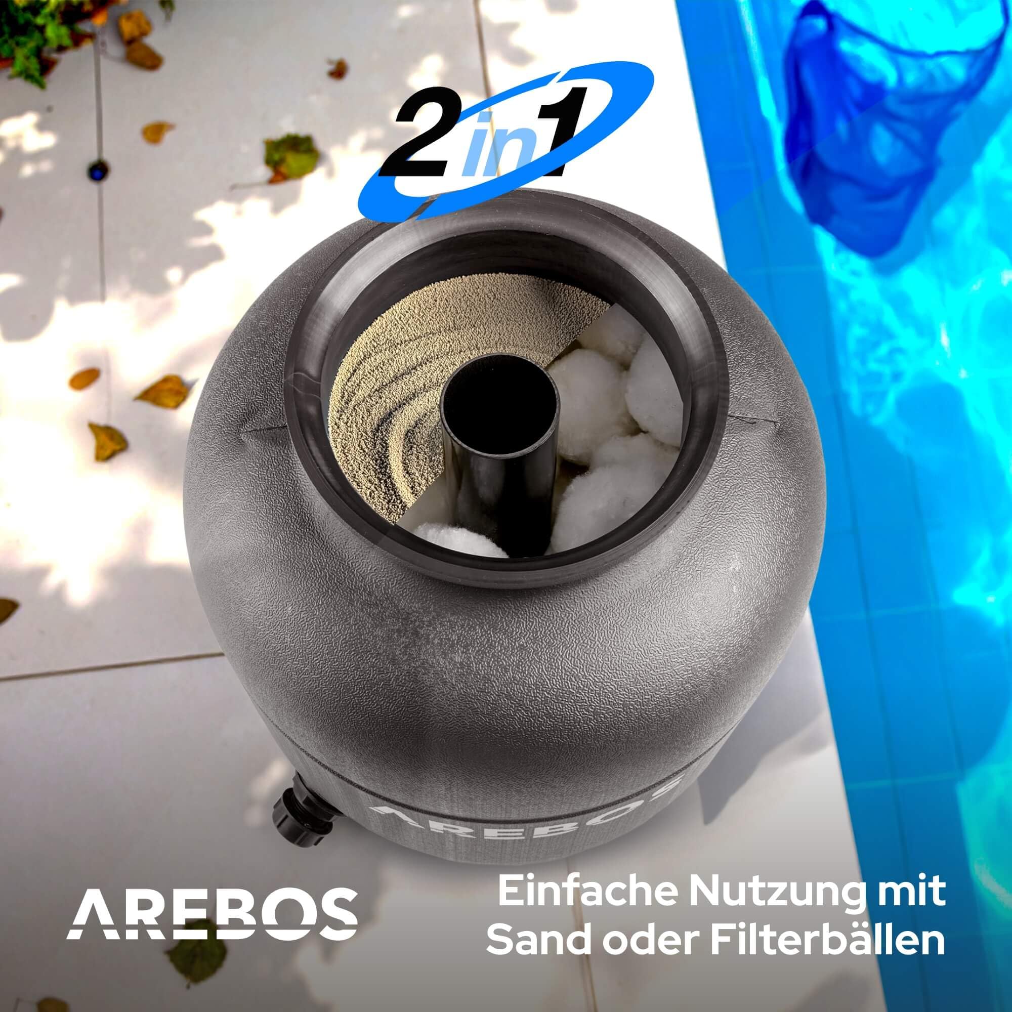 Arebos Sandfilteranlage mit Pumpe inkl. 600g Filterbälle | 350W | 9500 L/h | Tankvolumen bis zu 20 kg Sand | 7 - Wege Ventil mit Griff | mit Druckmanometer | Poolfilter | Schwarz