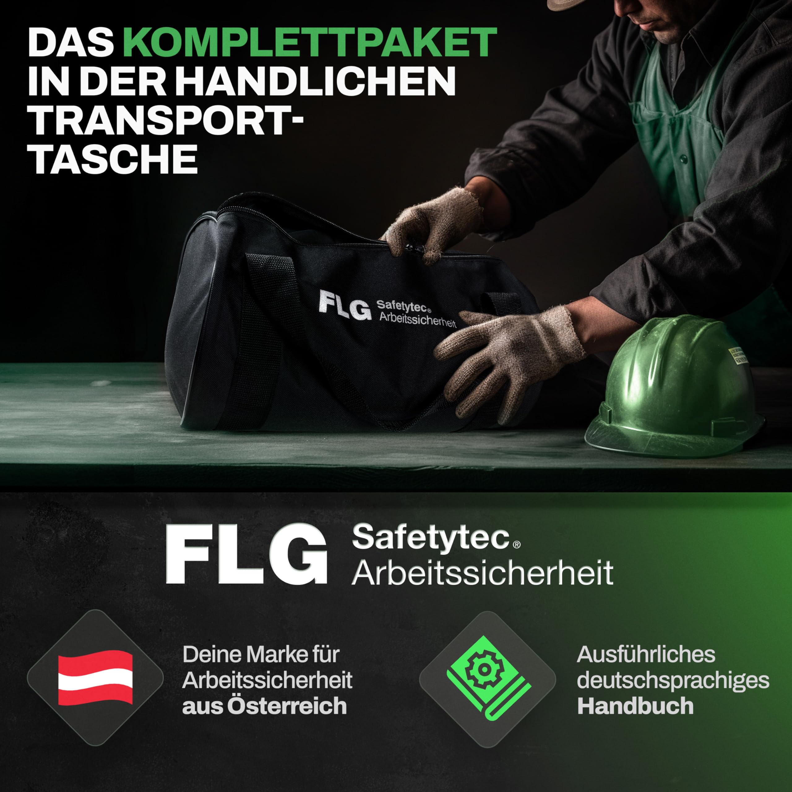 FLG Safetytec Fallschutz Komplettset - 2-Punkt Auffanggurt mit 10m Verbindungsmittel und 2m Bandschlinge für maximale Sicherheit bei Höhenarbeiten gem. EN353 / 361/795