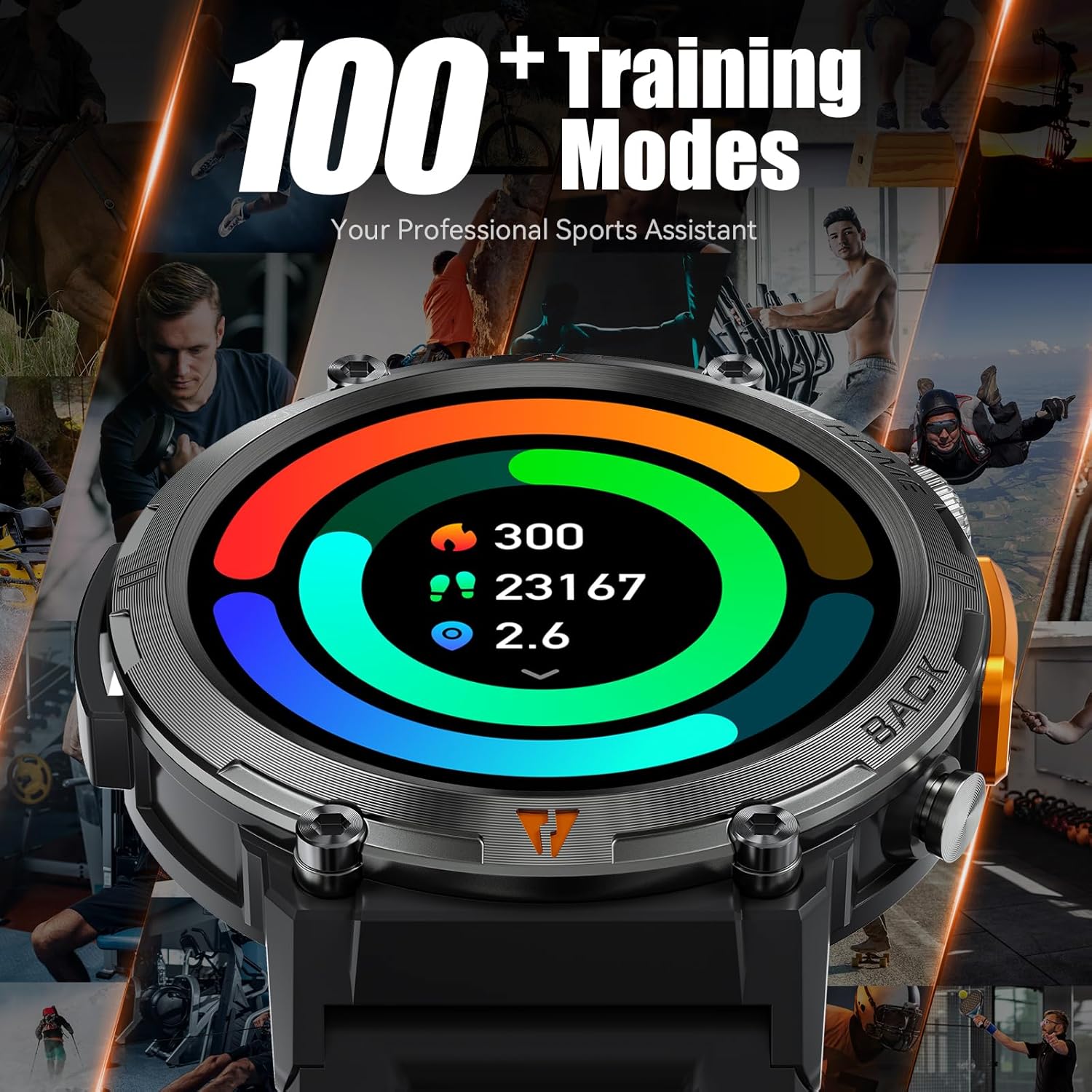 EIGIIS KE3 Smart Watch displaying activity tracking for steps, calories, and distance, with a background of various sports activities