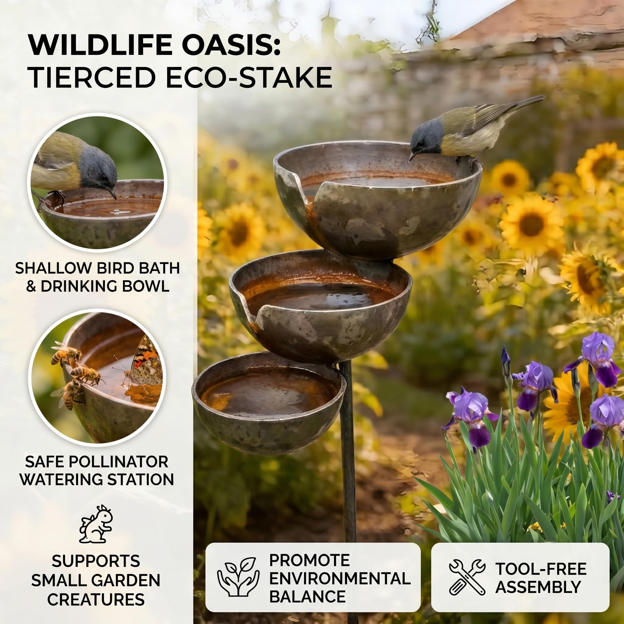 Bronze Rain Catcher Garden Stake, 68x12x5cm 3-Tier Metal Rain Catcher for Garden & Bee Watering Station, Decorative Wildlife Water Bowl, Small Bird Baths & Garden Ornaments for Outdoor，2PCS