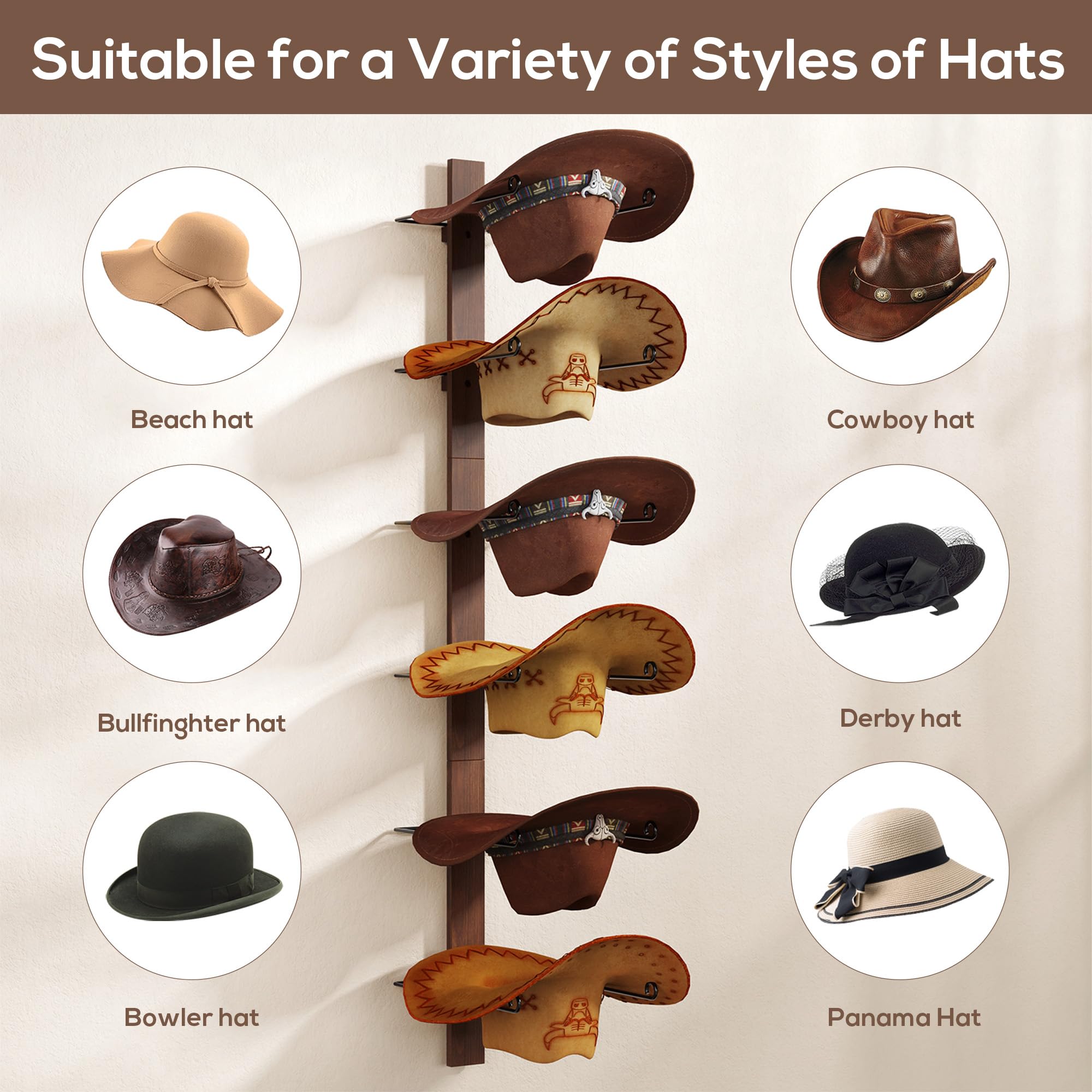 Porta Cappelli da Cowboy - 6 Pezzi Con Bordo in Legno, Organizer da Parete in Metallo per Collezione