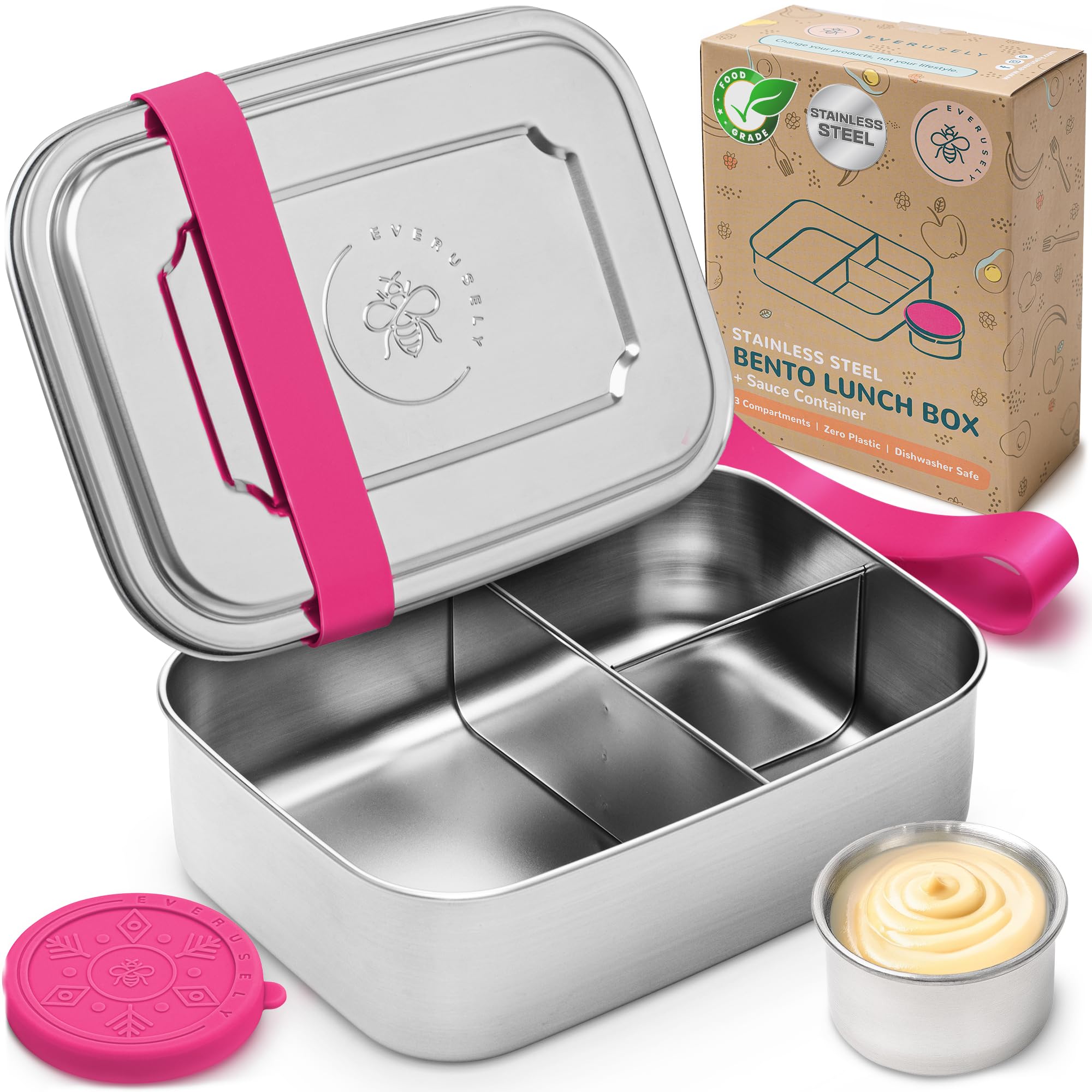 Everusely - Bento Box - Dragon Fruit, 47oz / 1.4 L - Large Stainless Steel Lunch Box with Leakproof Condiment Container - 3 Compartment Snack Container Office Meals - Freezer & Dishwasher Safe — image 1
