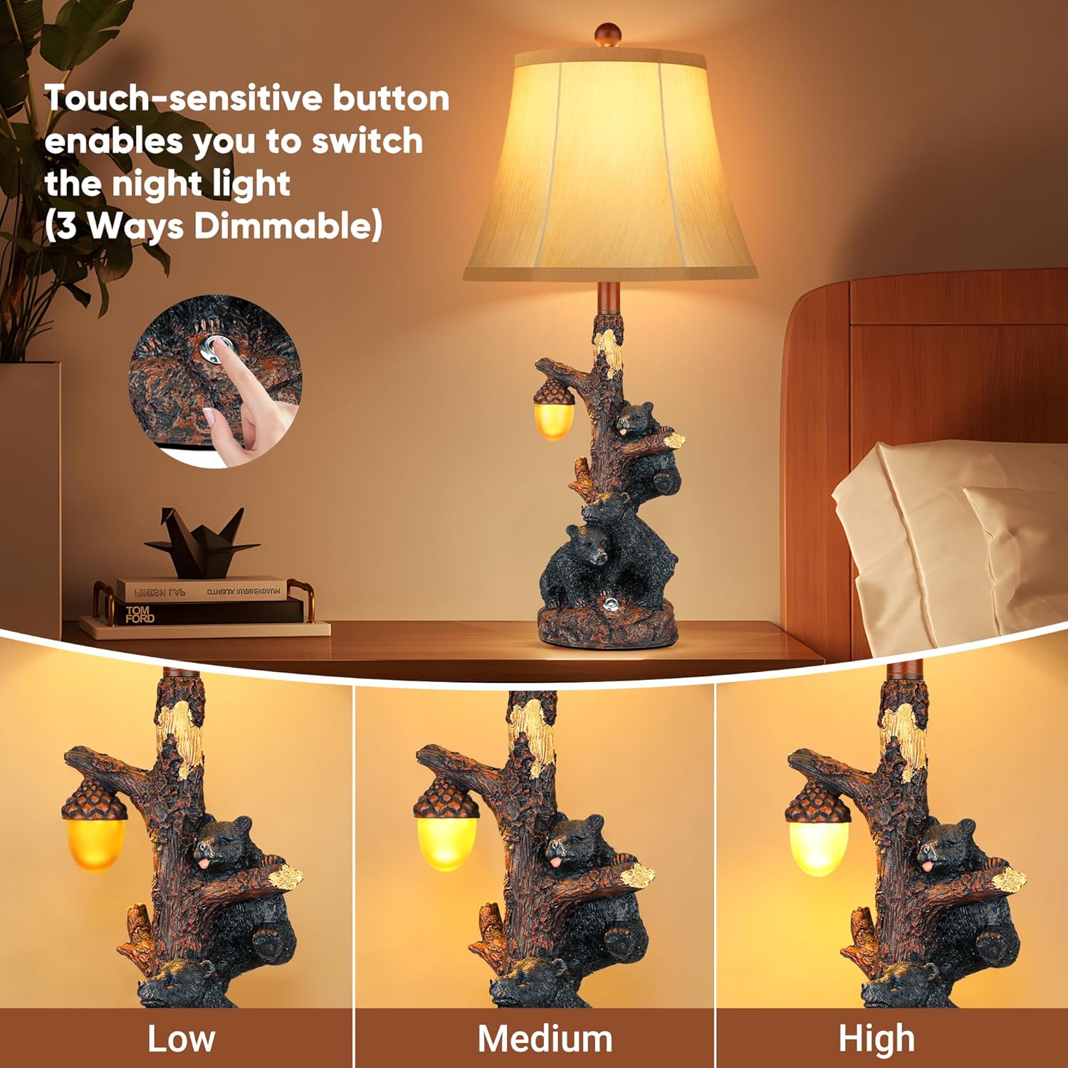 Set of 2 Bear Bedside Table Lamps for Bedroom with Nightlight & USB A+C,Touch Accent Cottage Table Lamps for Living Room,Farmhouse Rustic Animal Nightstand Lamps for Western Cabin Christmas Decor
