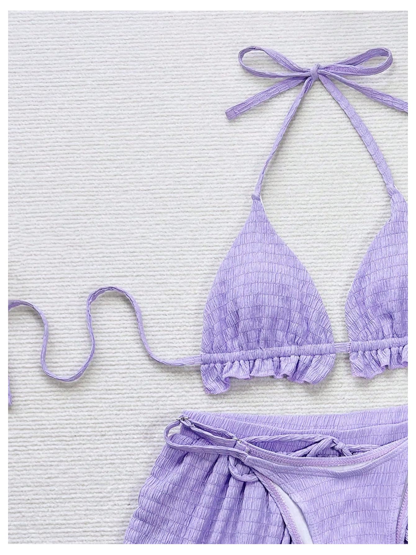 Costume da Bagno Bikini Strutturato a 3 Pezzi Donna con Perizoma a Triangolo Volant e Pantaloncini Copricostume
