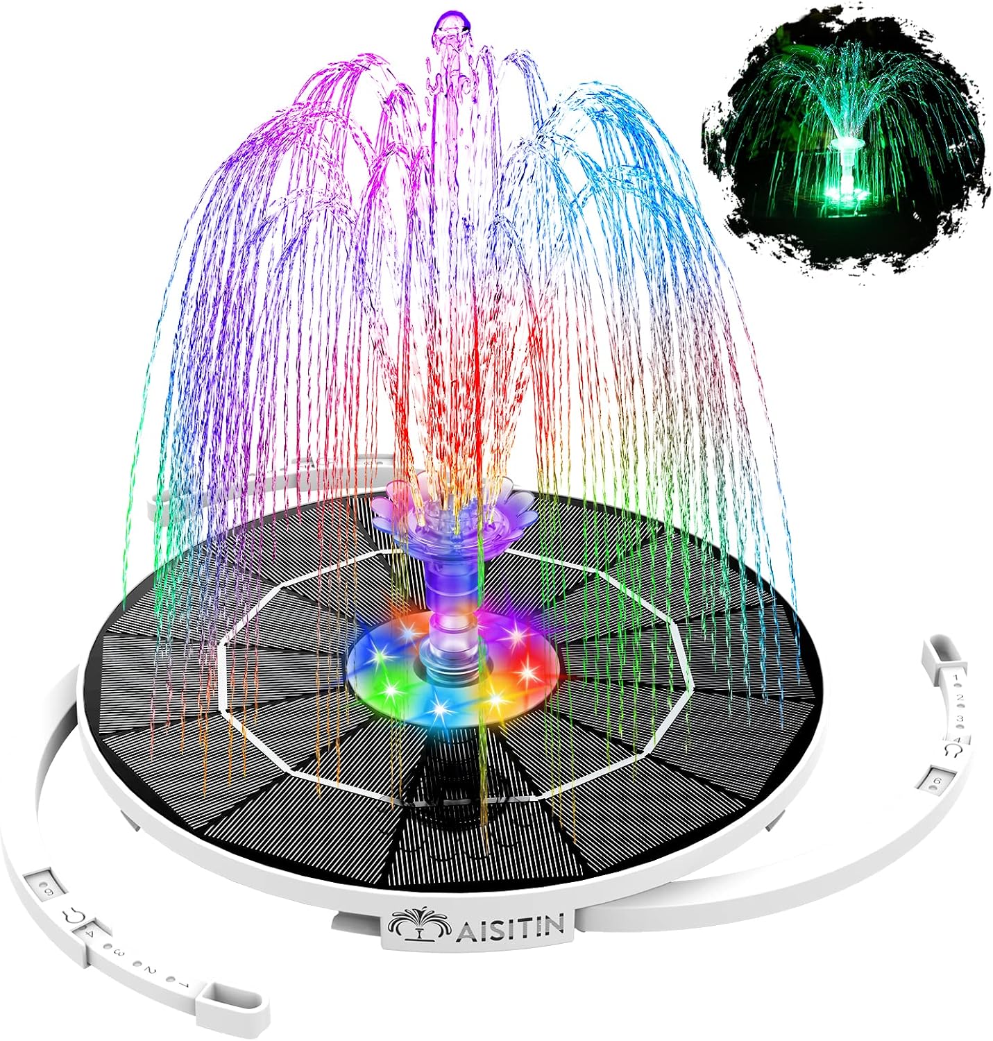 AISITIN 3.5W LED Solar Fountain Pump with Lights, for Bird Bath/Pool with 16 DIY Nozzles, Solar Water Fountain with 3000mAh Battery and 8 Color LED Lights and Retractable Stand for Outdoor,Garden,Pool