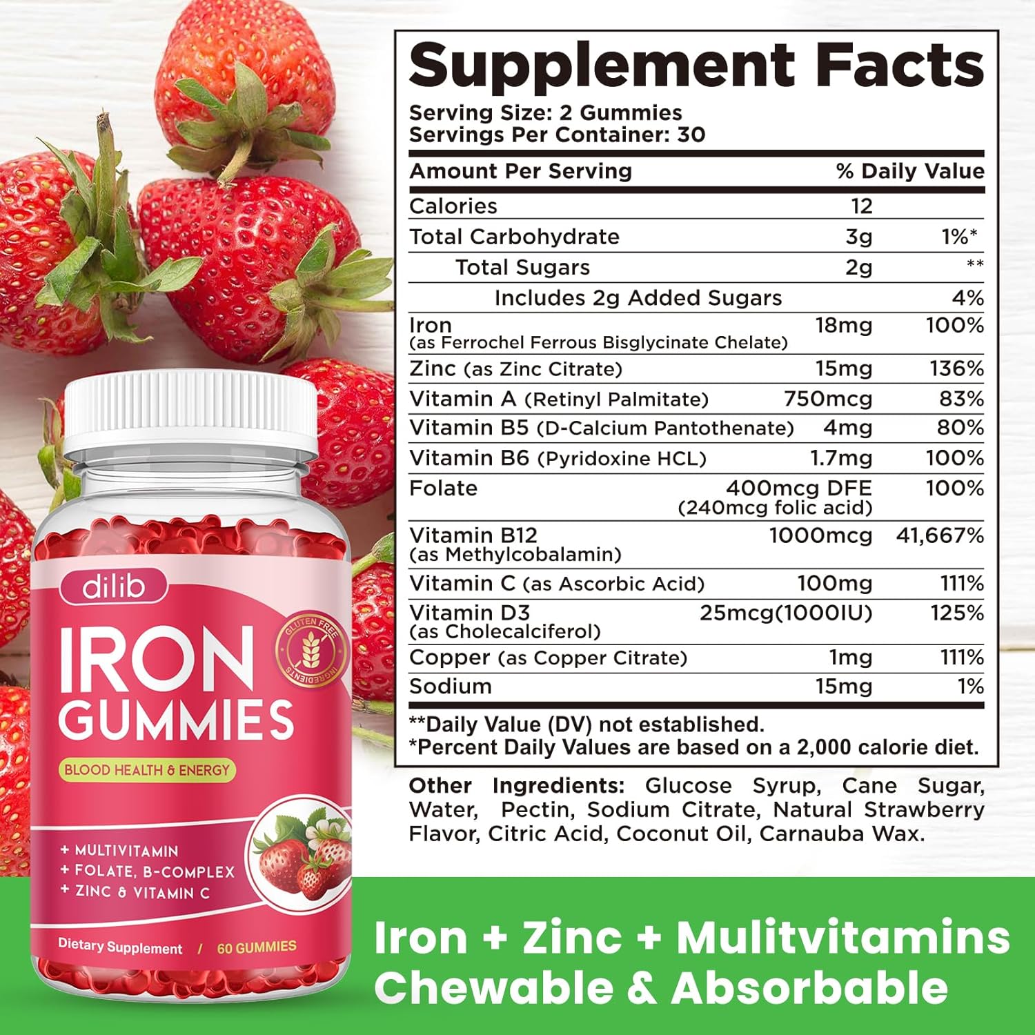 2 Pack Iron Gummies with Multivitamin, Iron Supplement for Women & Men with Zinc, Vitamin B Complex & C, B12, Folate - Blood Builder & Energy Support for Adults & Kids - Strawberry Flavor, Vegan 120ct