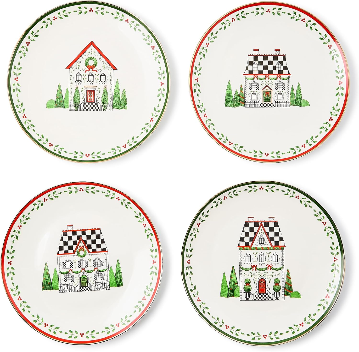 MACKENZIE-CHILDS Set of 4 Ceramic Dessert Plates, Decorative Dishes, Pumpkin, Pink-and-White Rosy Check
