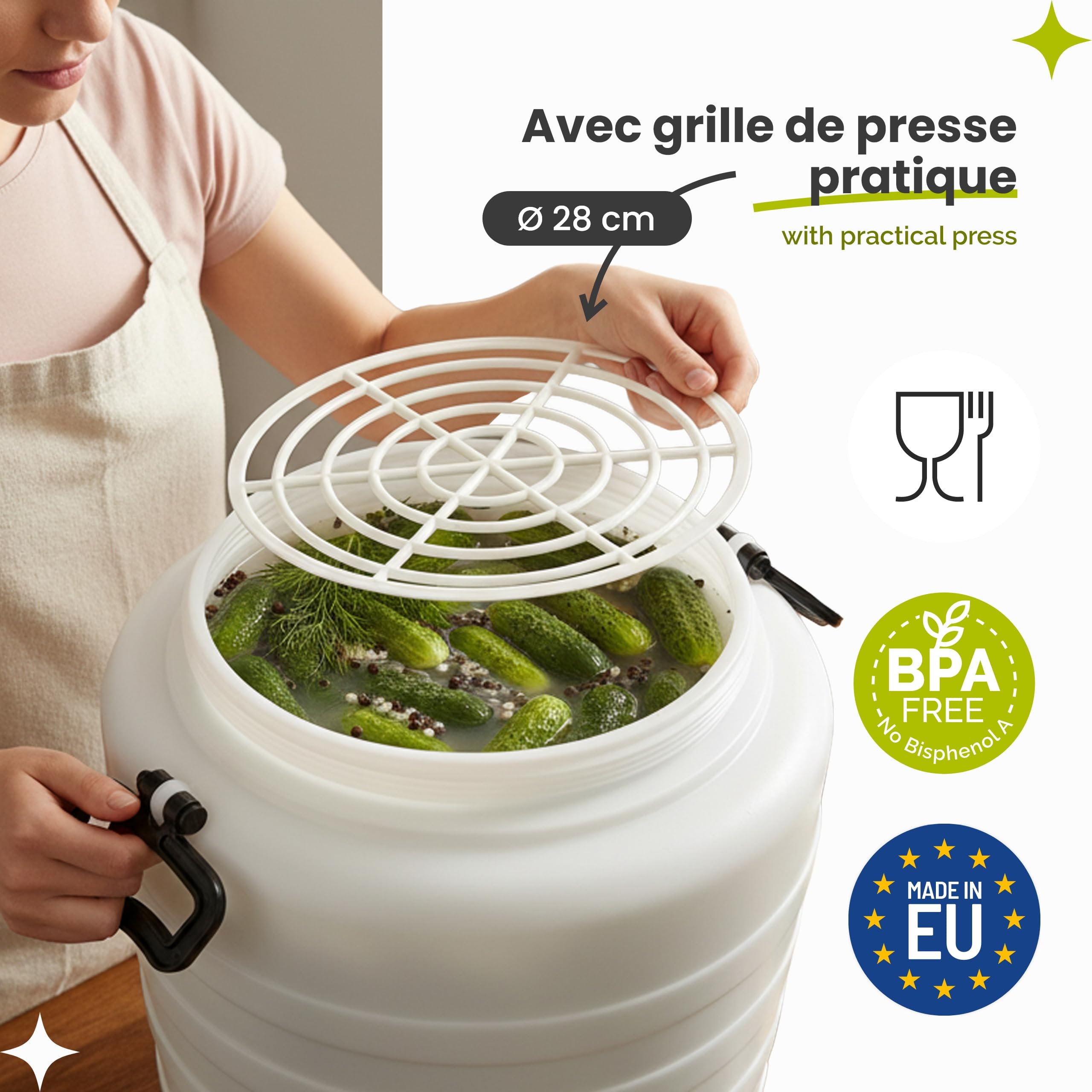 Garronda Fût Alimentaire 45 L Grille de Presse Plastique HDPE Tonneau Baril Grande Ouverture pour Eau, Stockage et Fermentation Recupérateur d Eau de Pluie GD-0187 Blanc